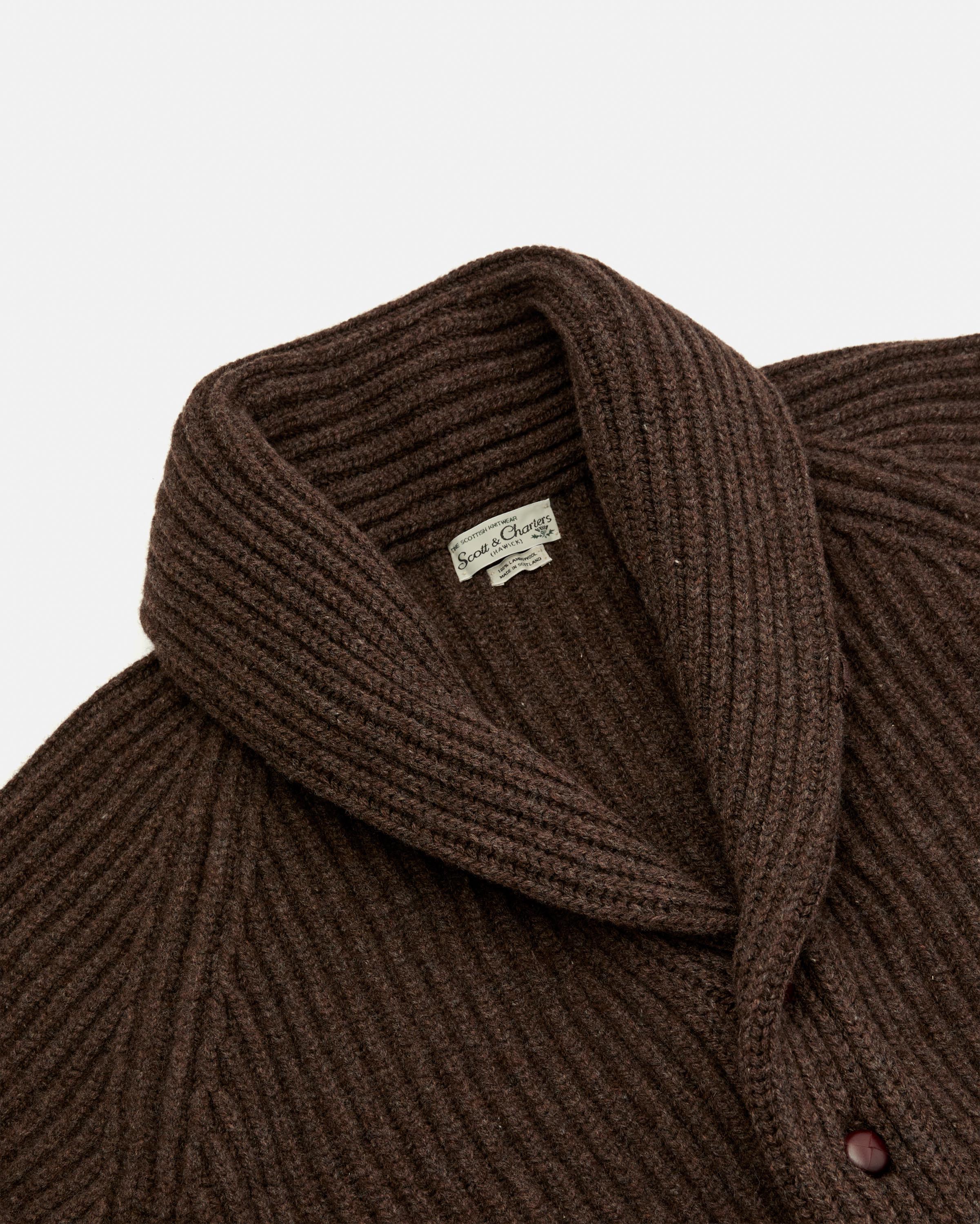 Scott & Charters Lambswool Shawl Collar Cardigan Dark Brown