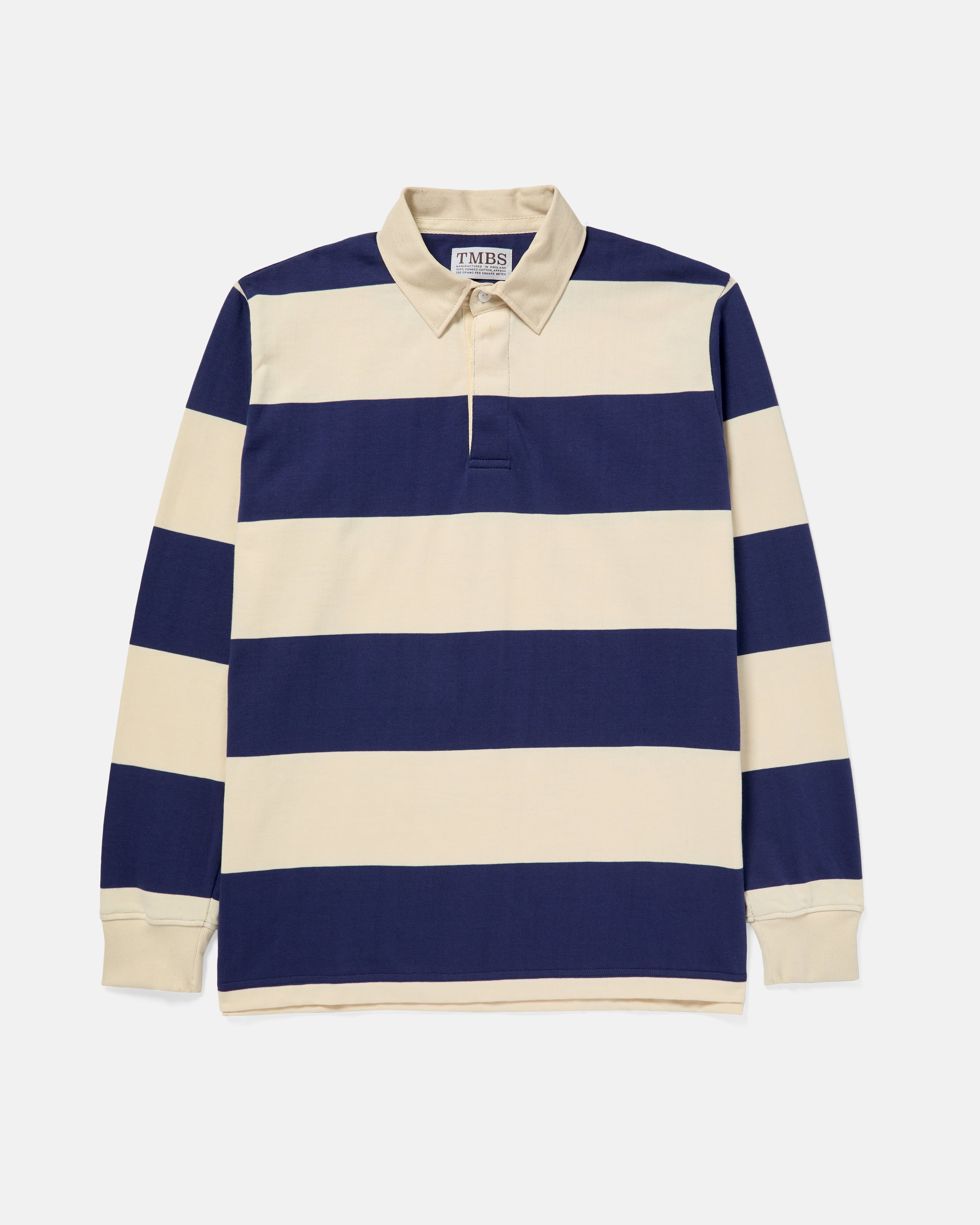 TMBS Rugby Shirt in Navy and Natural Stripe, front view, made in the UK from 300g cotton