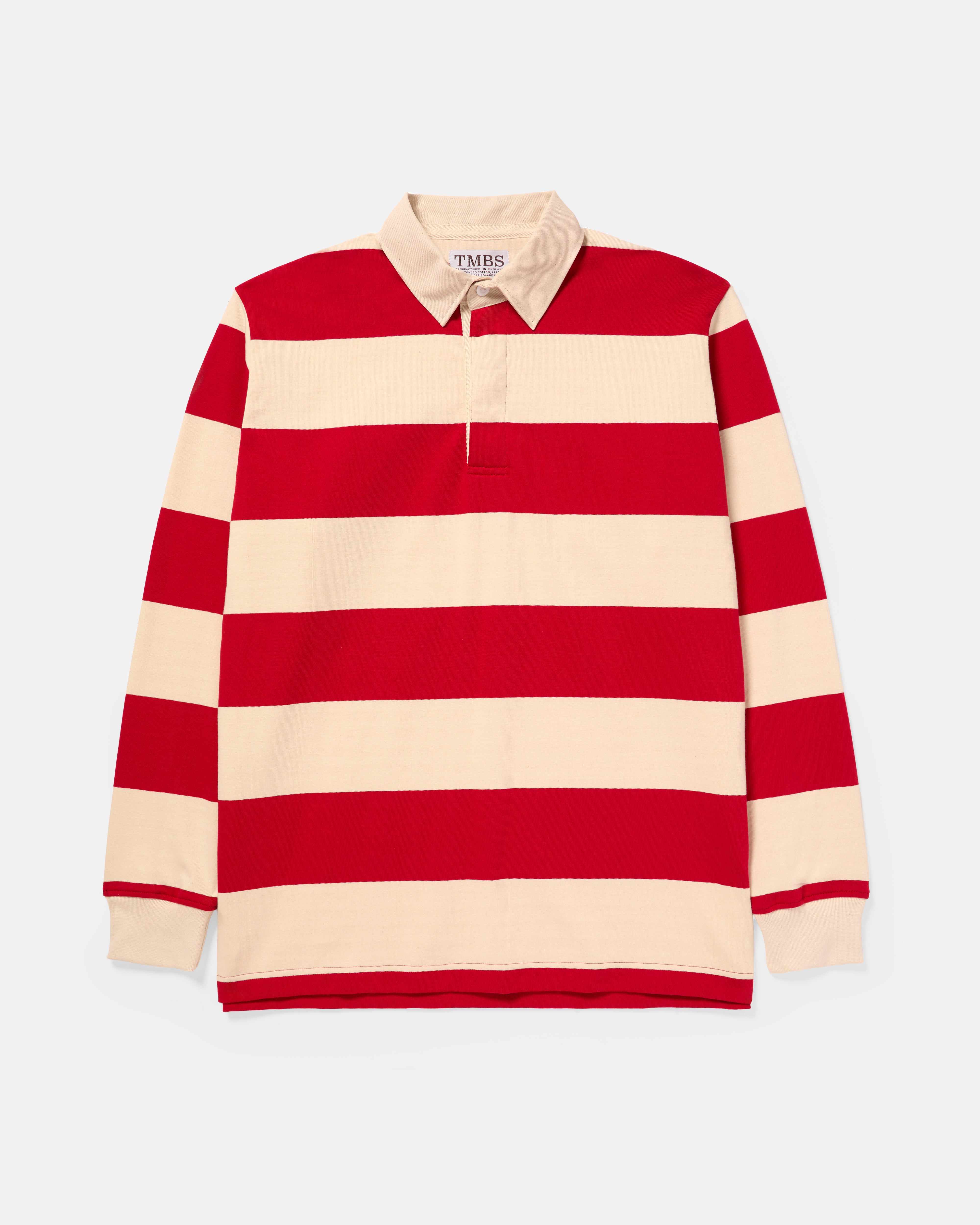 TMBS Rugby Shirt in Red and Natural Stripe, front view, made in the UK from 300g cotton