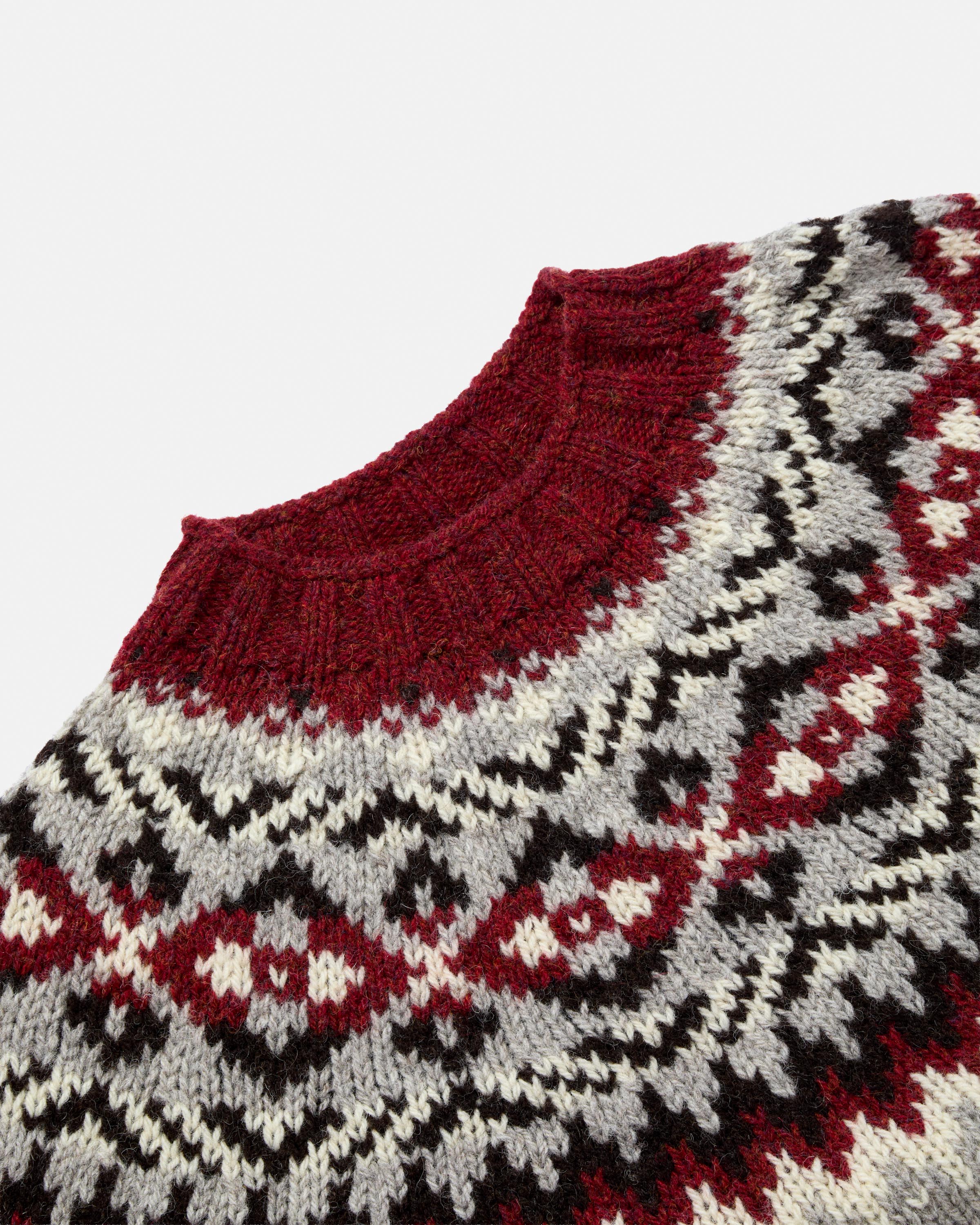 Harley of Scotland Lambswool Fairisle Yoke Crew Neck Jumper Light Grey