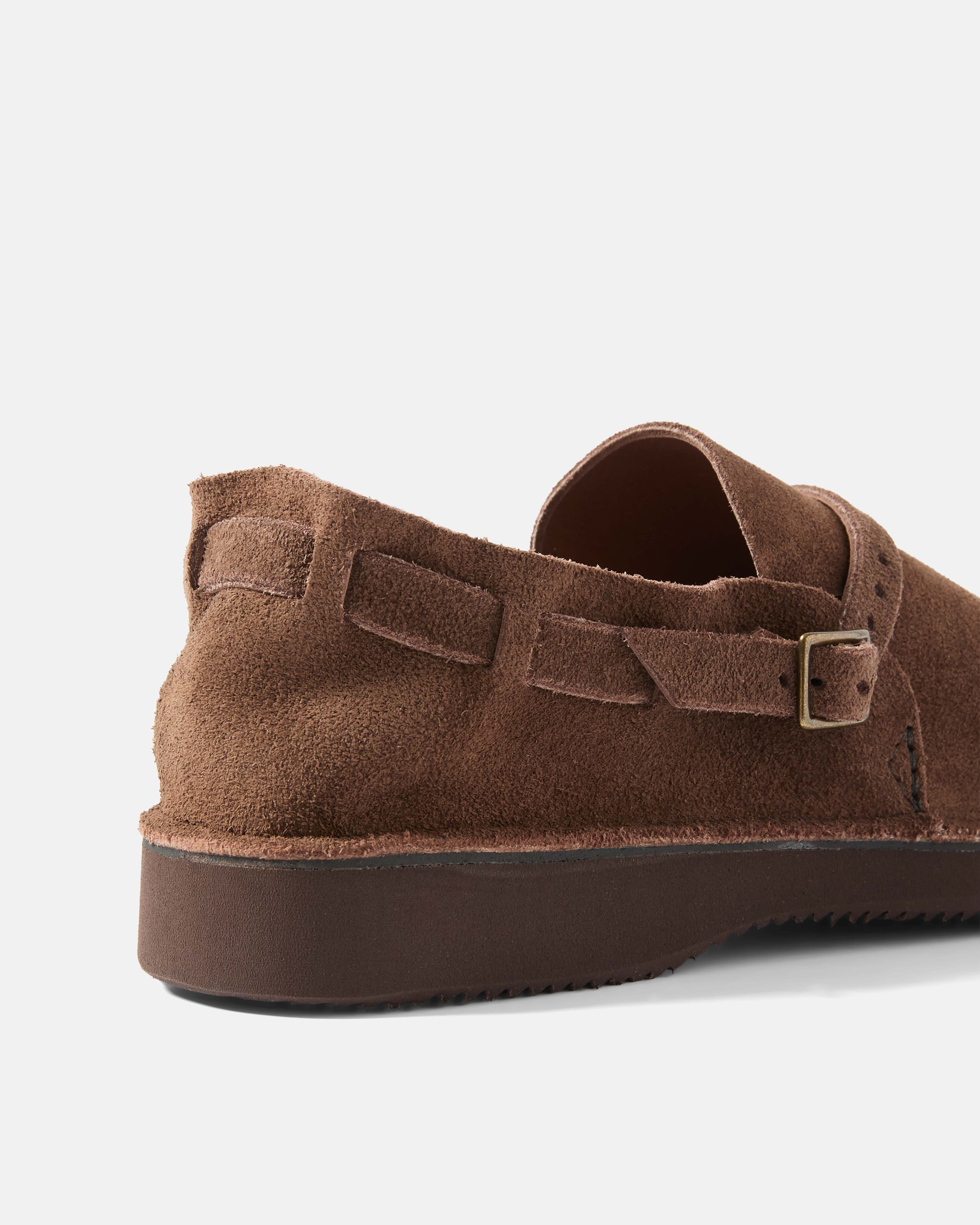 Back view of brown Aurora Middle English suede shoe