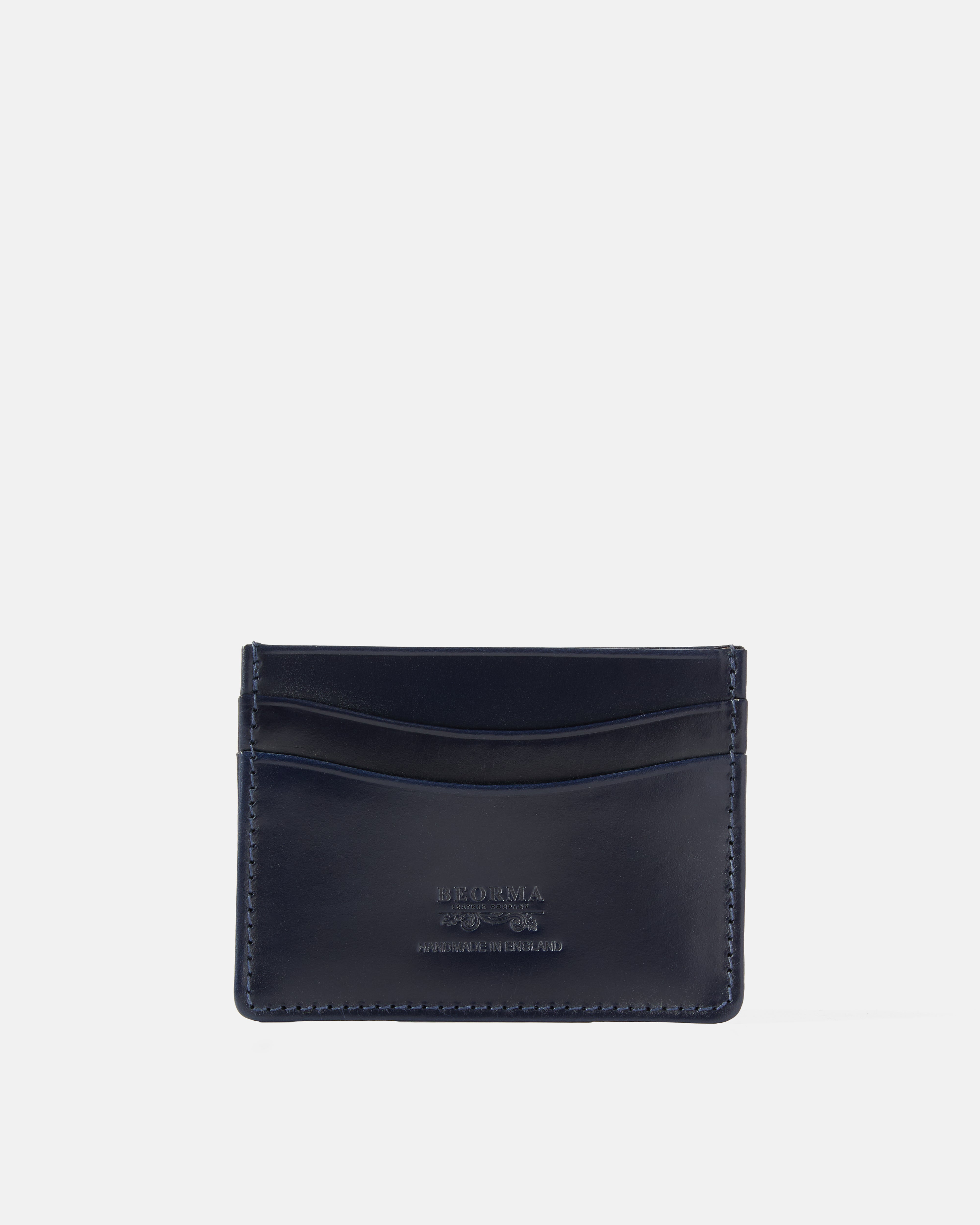 Navy Beorma slimline bridle leather card case front view
