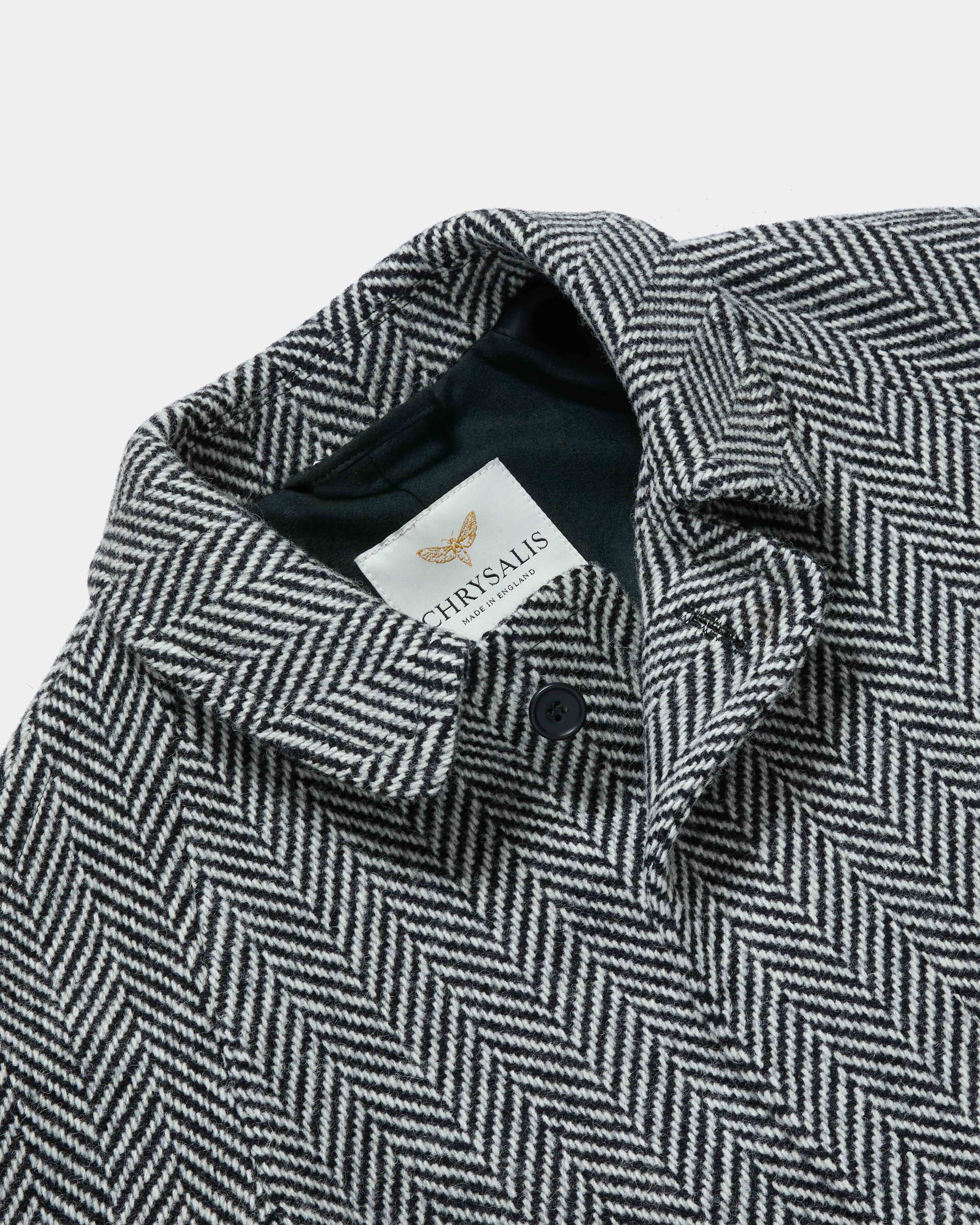 Close-up of collar detail on herringbone Chrysalis Kensington coat