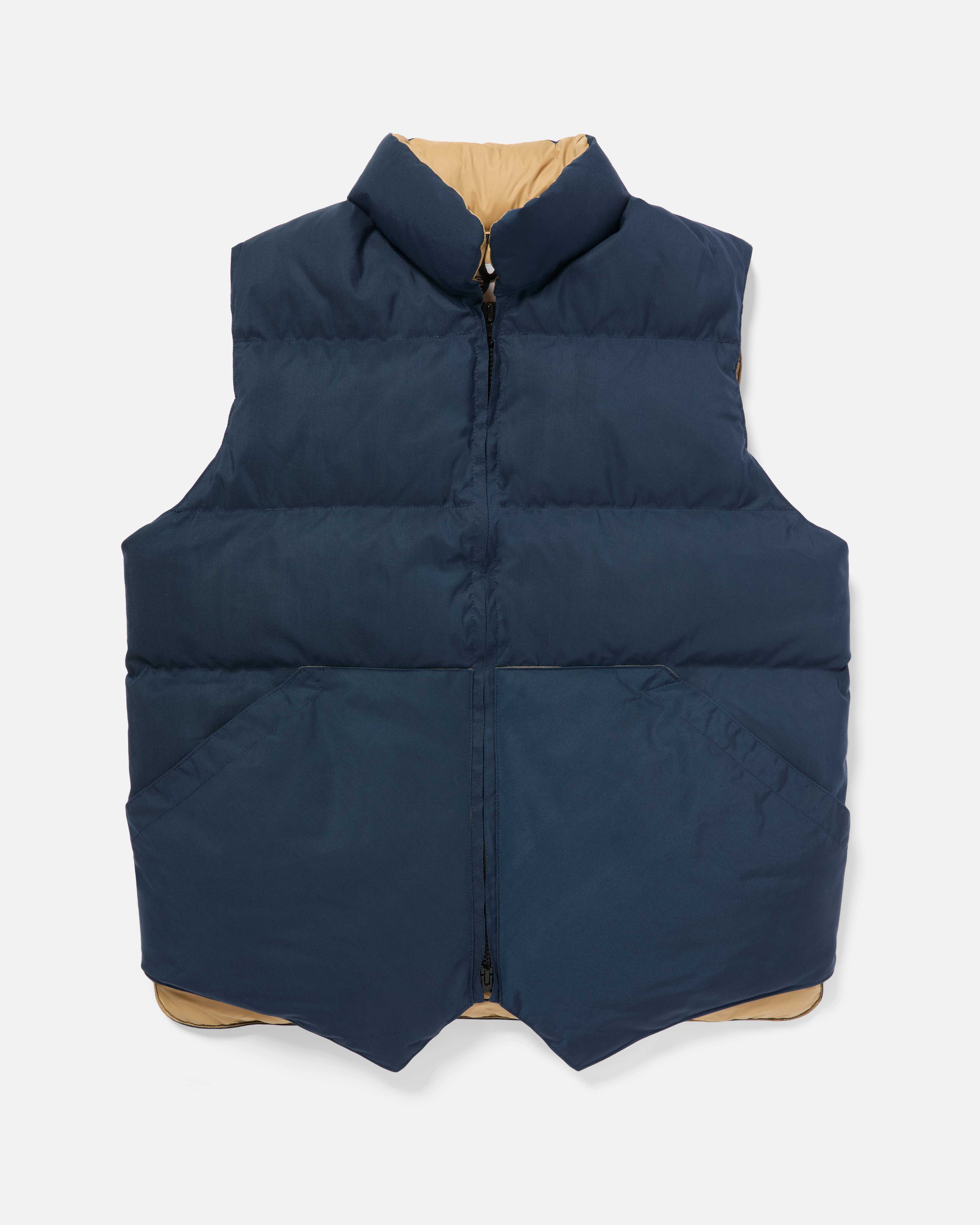 Navy Crescent nylon down vest with khaki lining front view