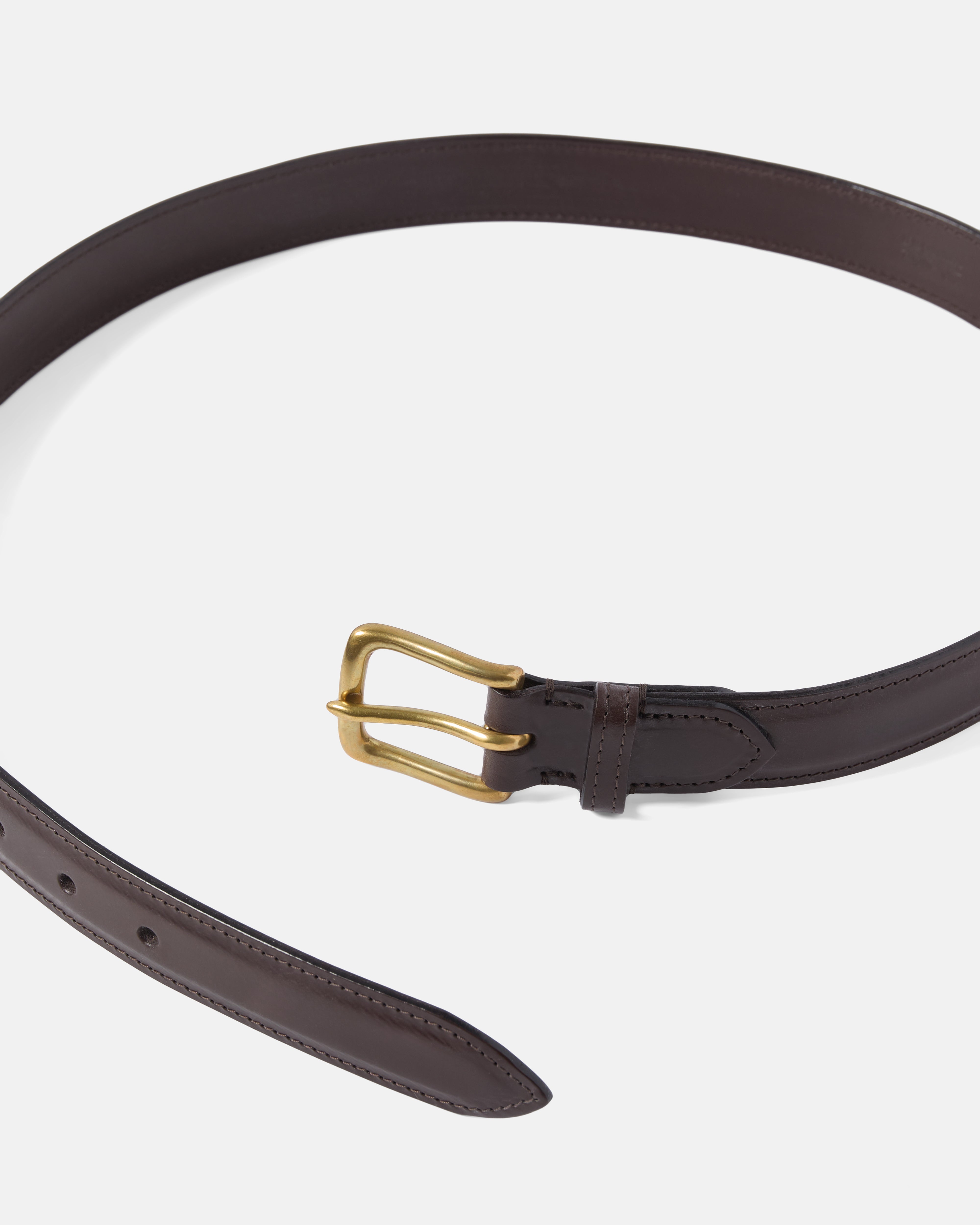 Back view of dark brown Beorma self lined bridle leather belt showing lining