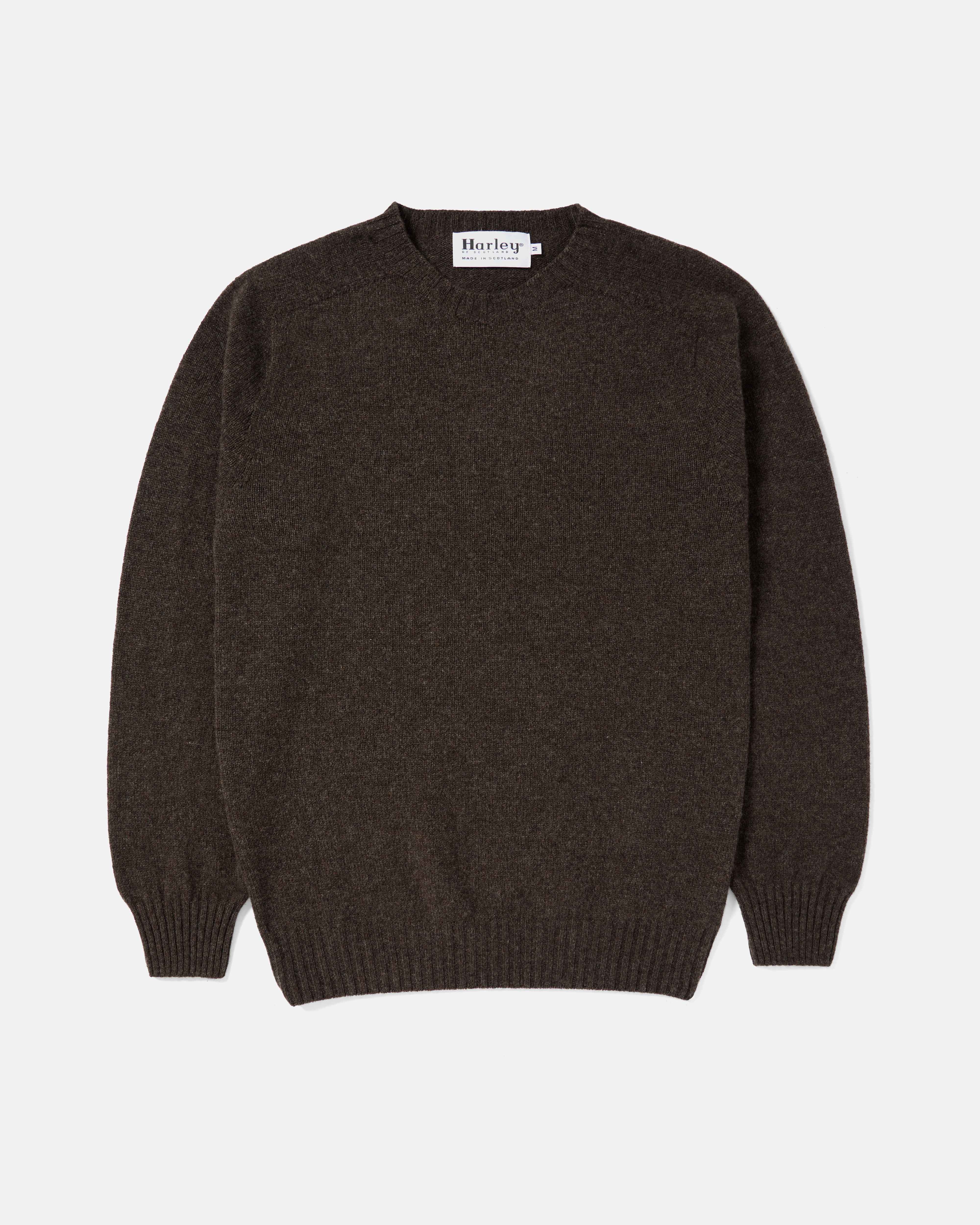 Front view of brown Harley Superfine Lambswool Crew Neck
