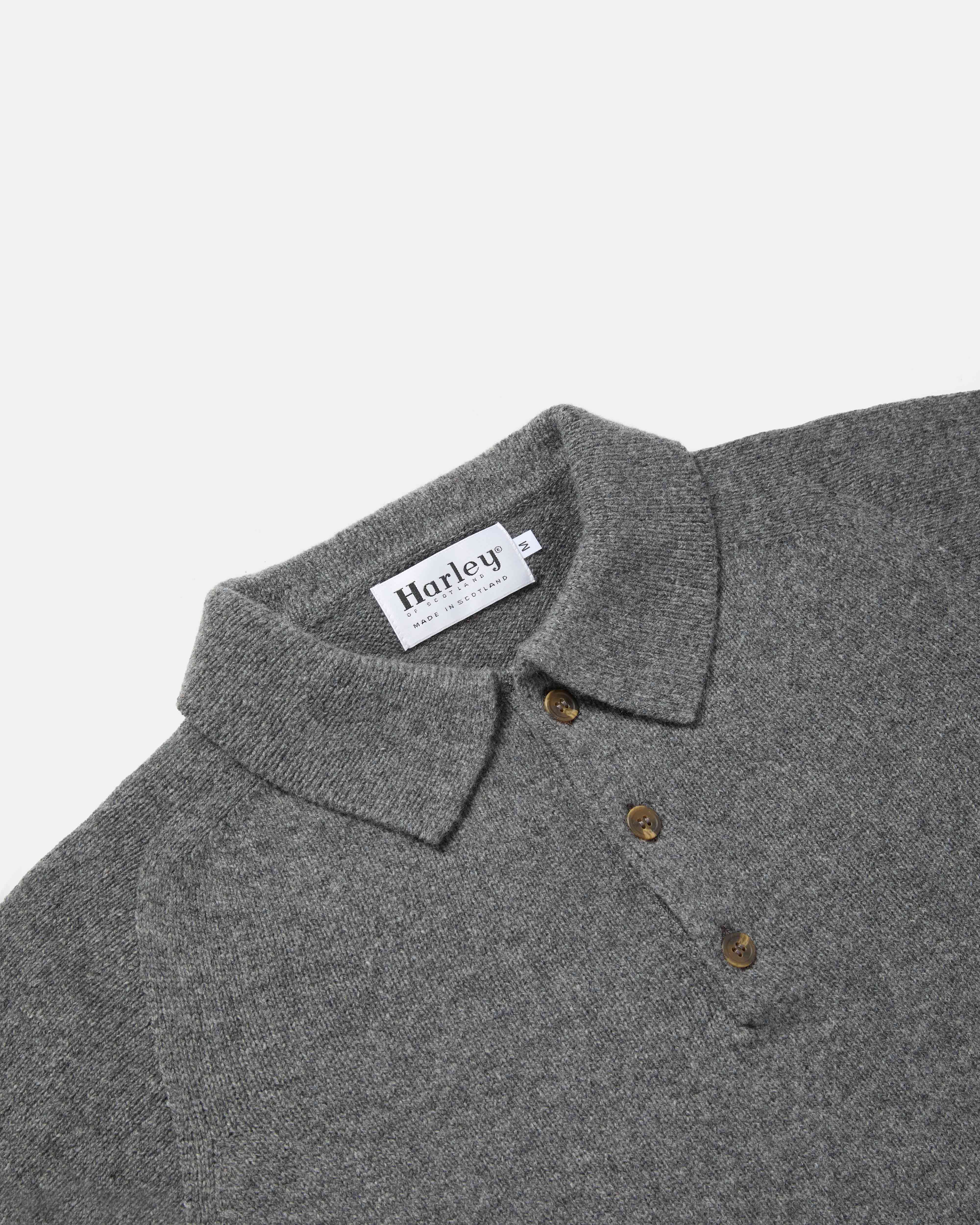 Close-up of collar and button detail on grey Harley Superfine Lambswool Polo