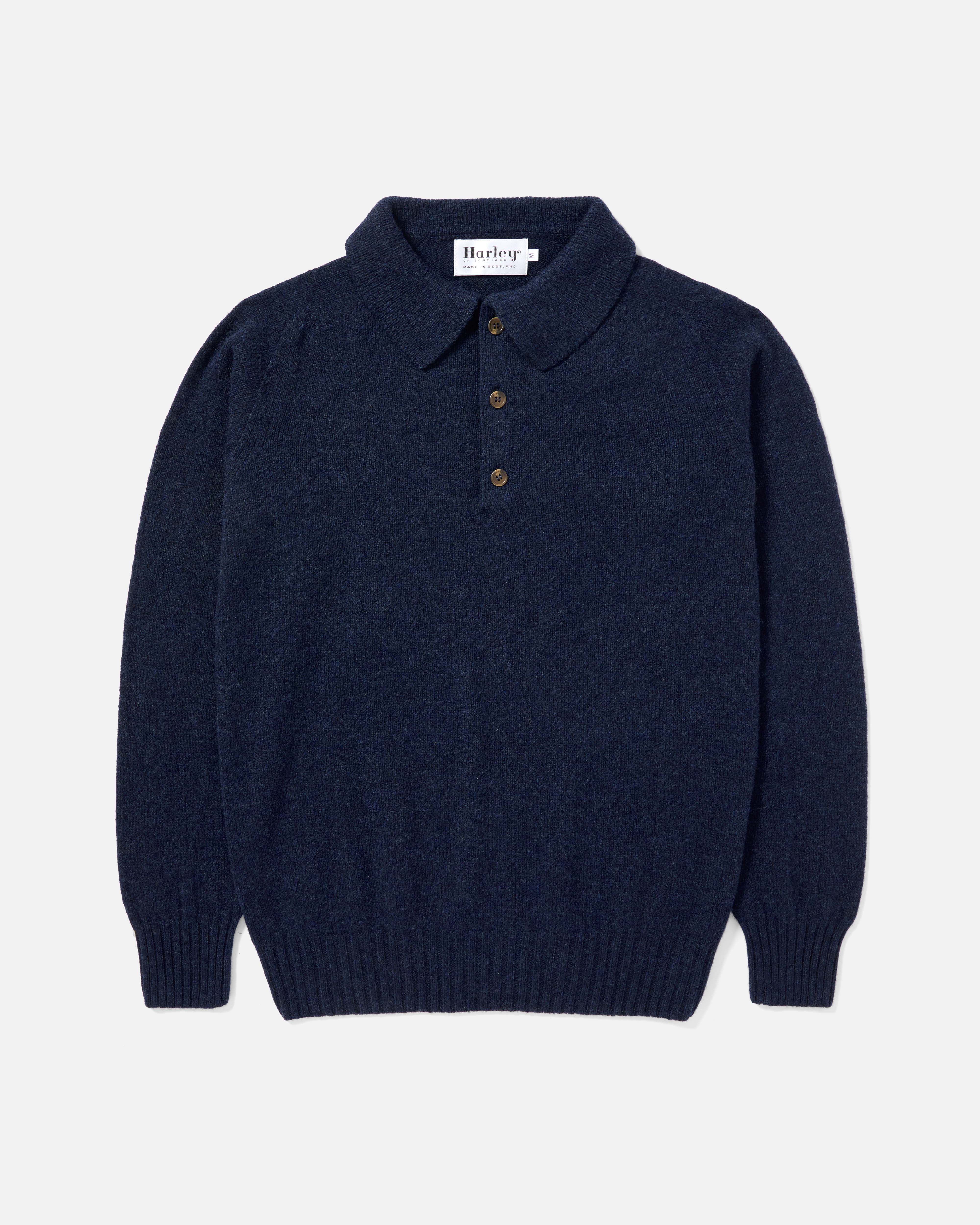 Front view of navy Harley Superfine Lambswool Polo