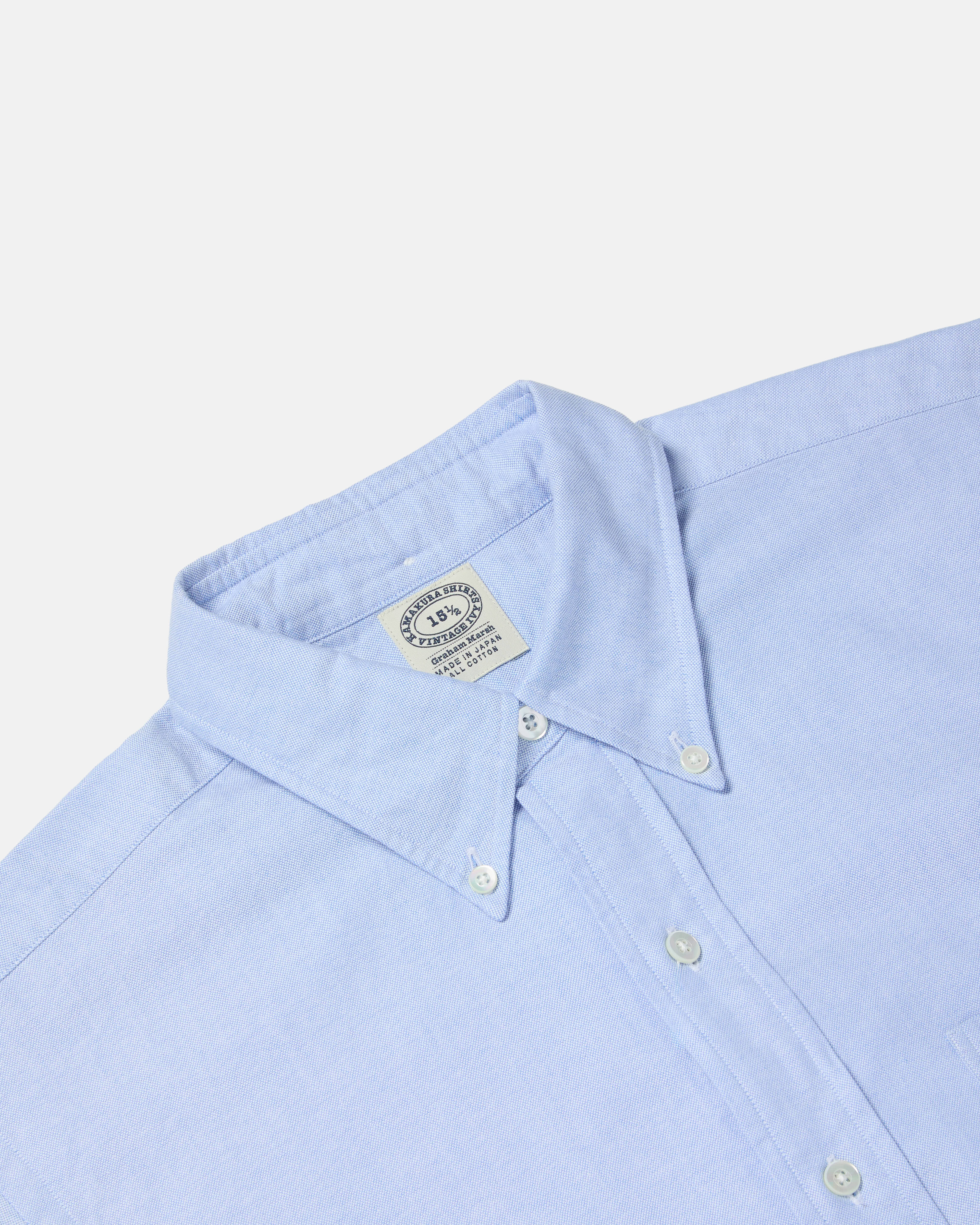 Close-up of button-down collar on blue Kamakura Vintage Ivy Oxford shirt