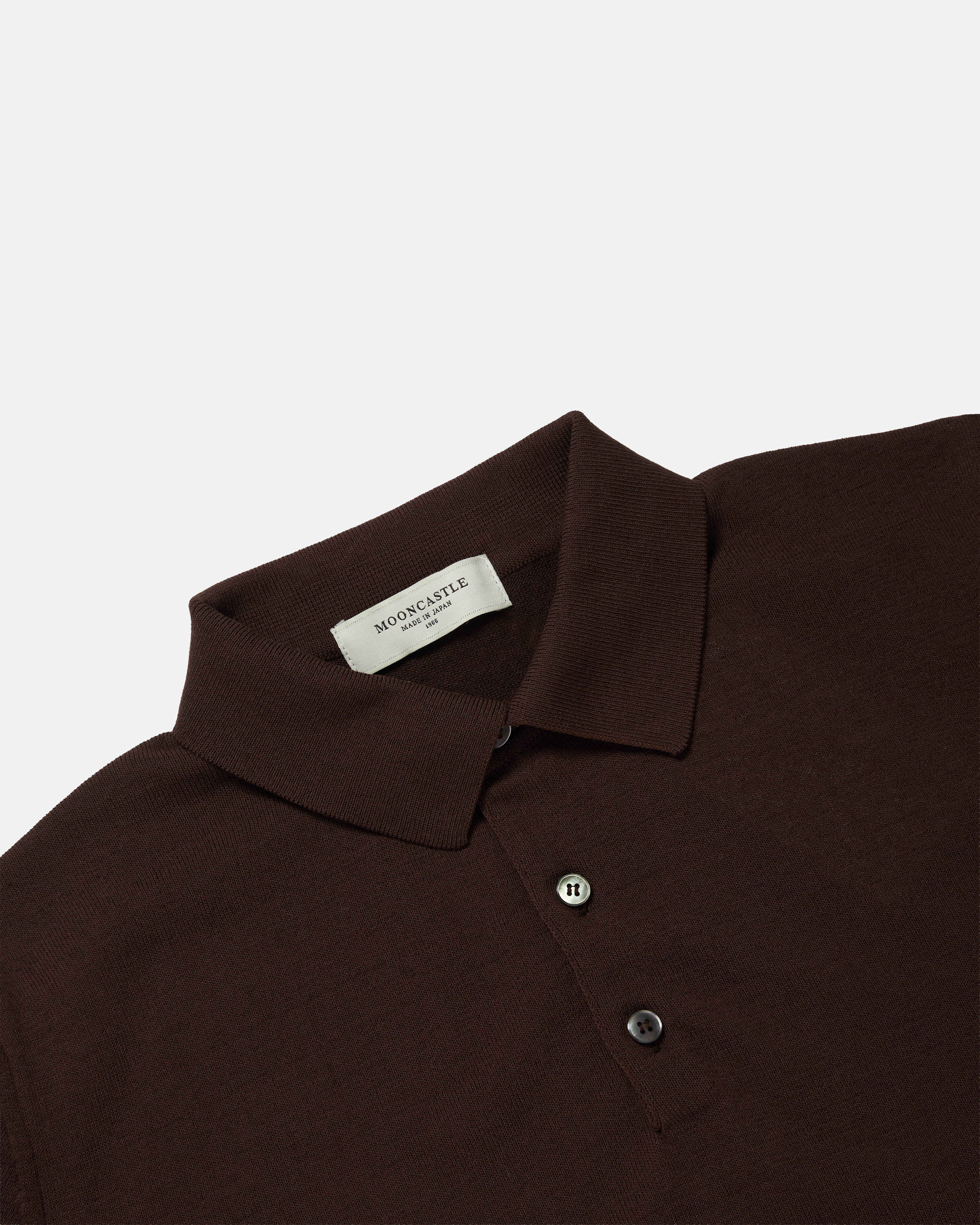Close-up of collar and placket on brown Mooncastle Ice Cotton knit polo shirt