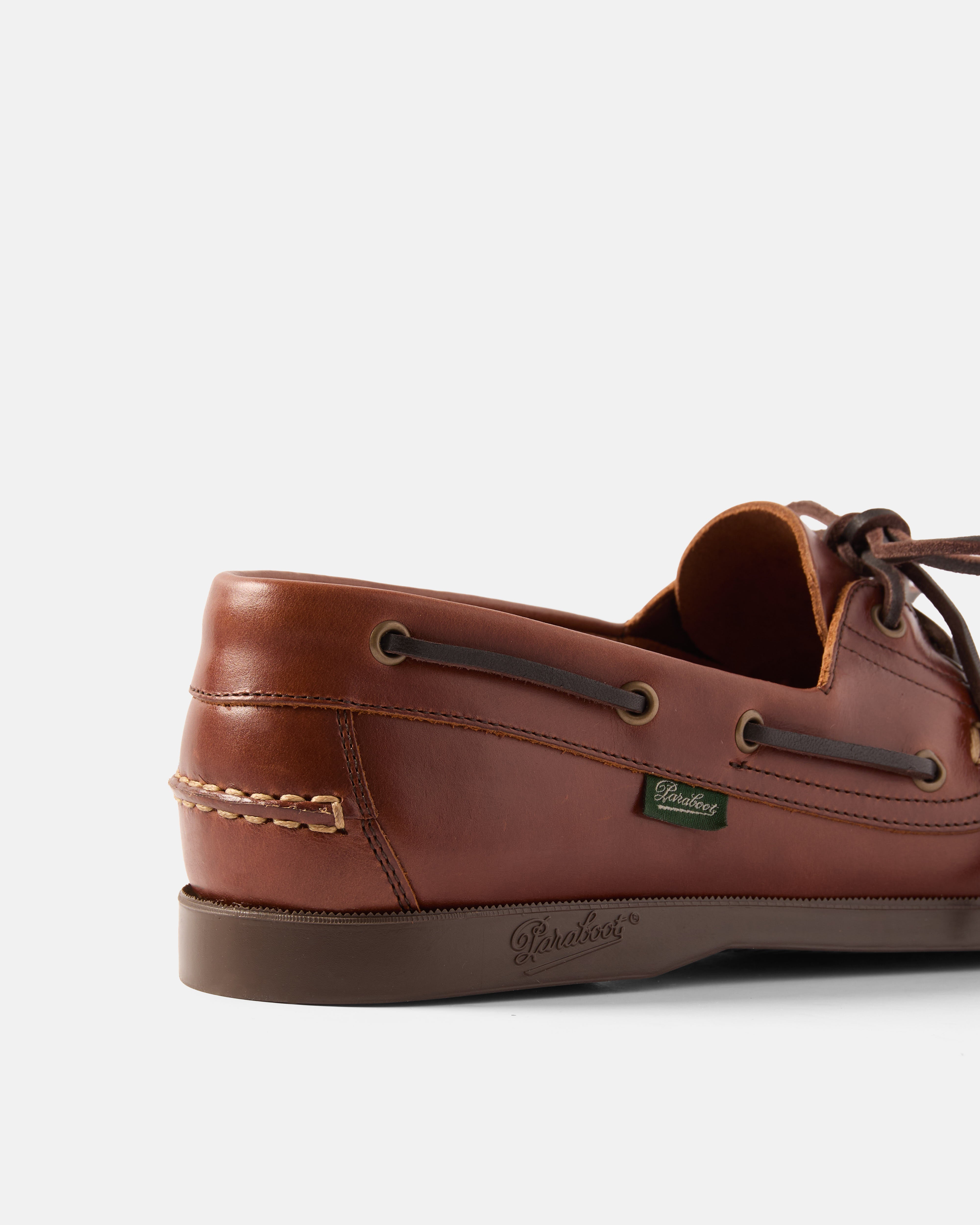 Back view of brown Paraboot Barth leather boat shoe