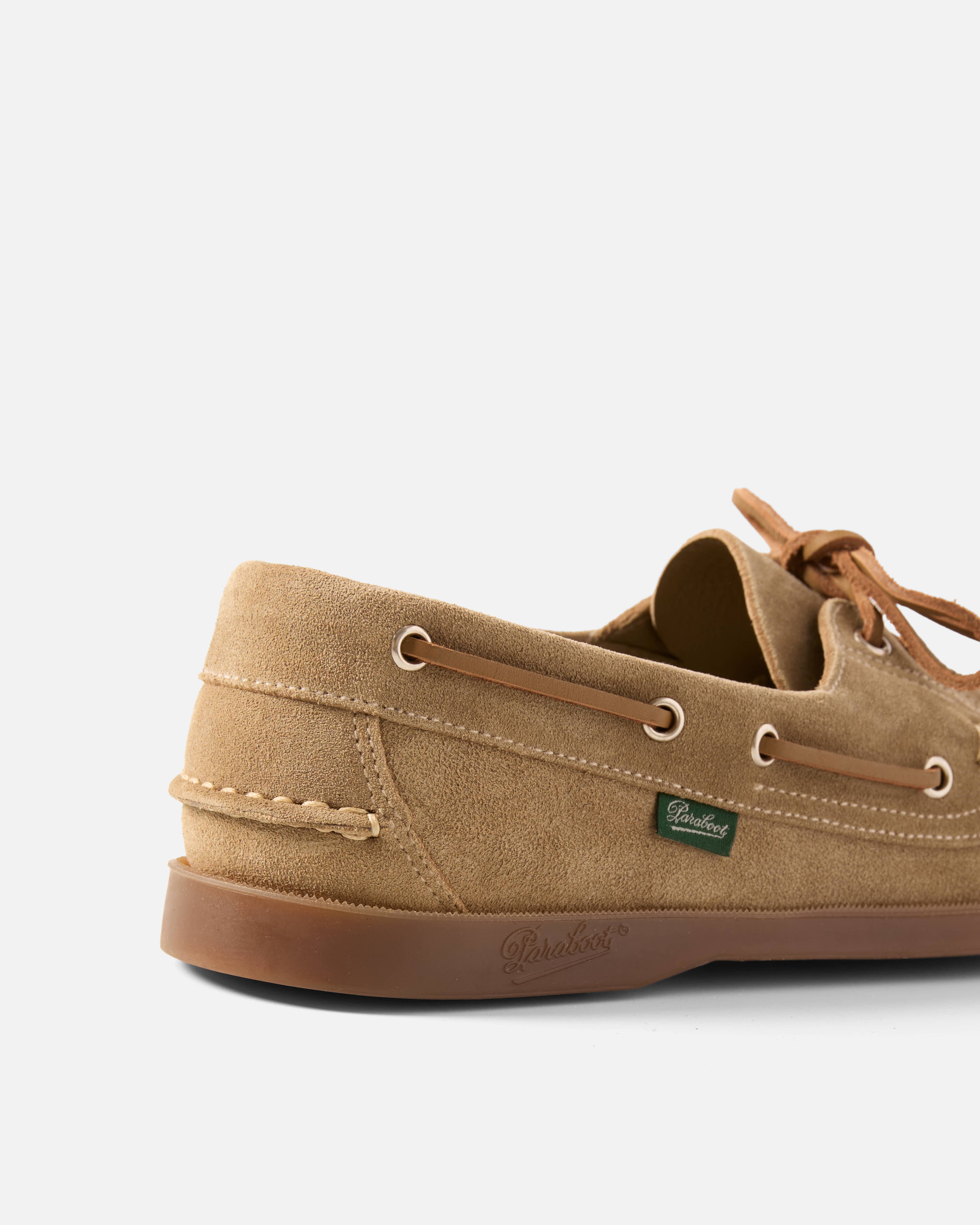 Back view of beige Paraboot Barth suede boat shoe