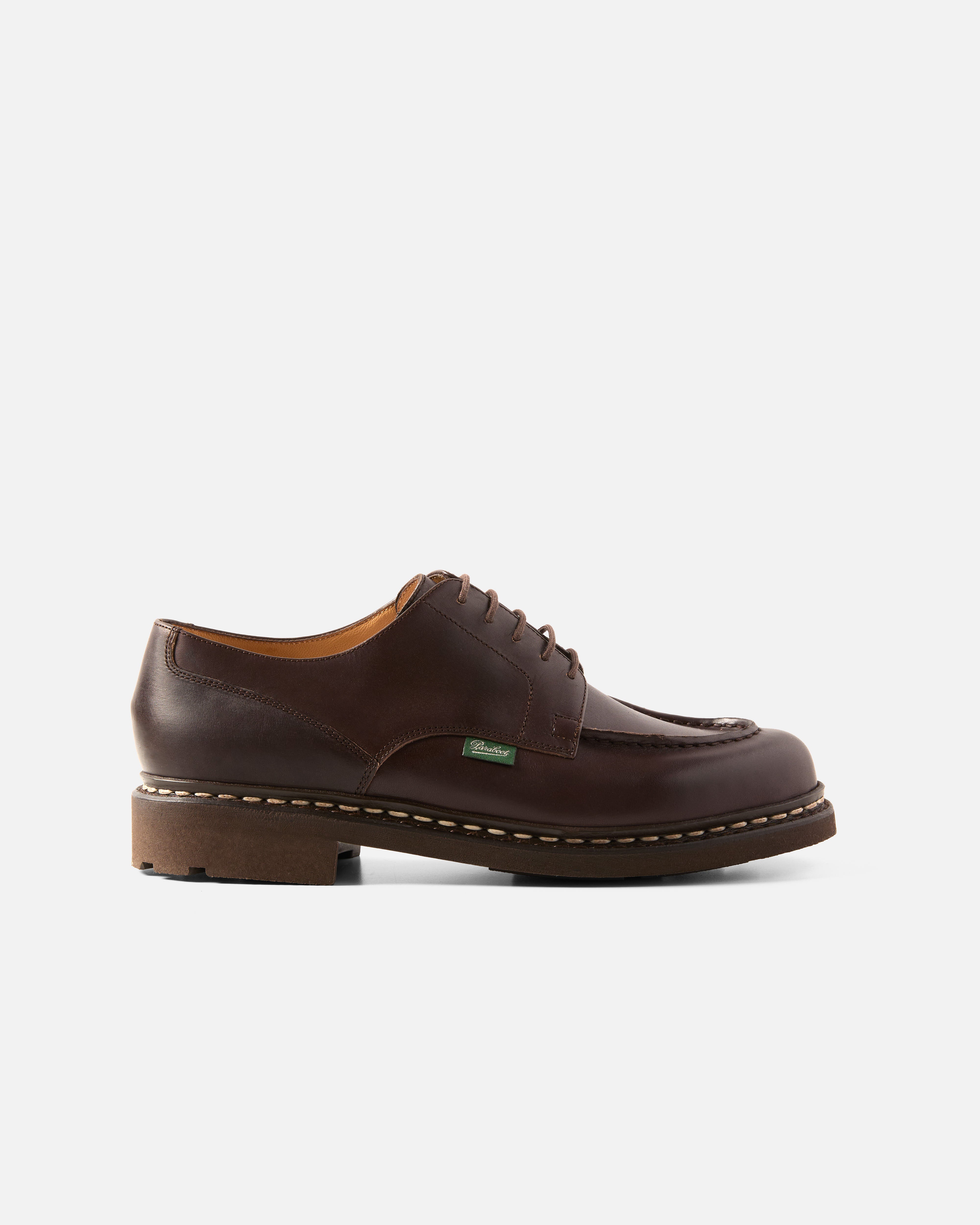 Side view of brown Paraboot Chambord leather derby shoe