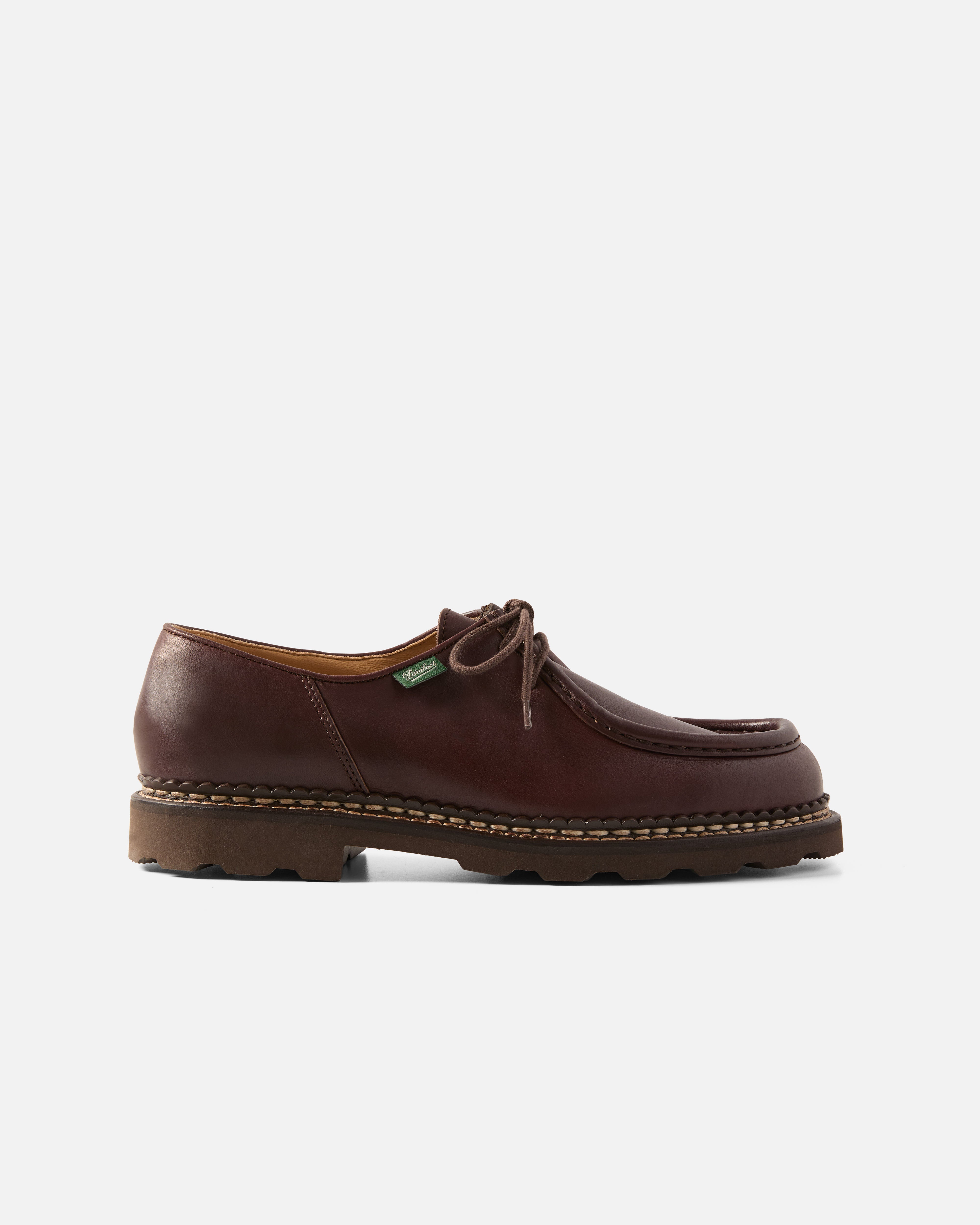 Side view of brown Paraboot Michael leather derby shoe