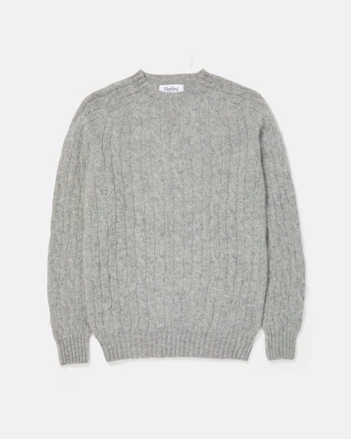 Harley of Scotland Brushed Shetland Cable Knit Jumper Silver