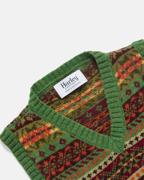 Harley of Scotland Shetland Wool Fairisle V-Neck Slipover Baize