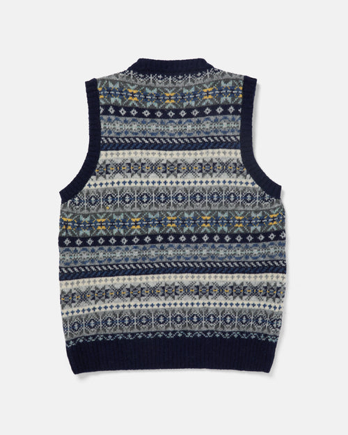 Harley of Scotland Shetland Wool Fairisle V-Neck Slipover Navy