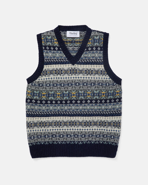 Harley of Scotland Shetland Wool Fairisle V-Neck Slipover Navy