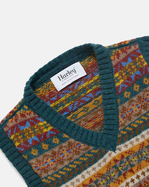 Harley of Scotland Shetland Wool Fairisle V-Neck Slipover Tempest