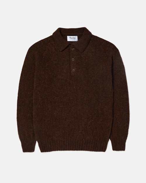 Harley of Scotland Brushed Shetland Polo Collar Jumper Marron