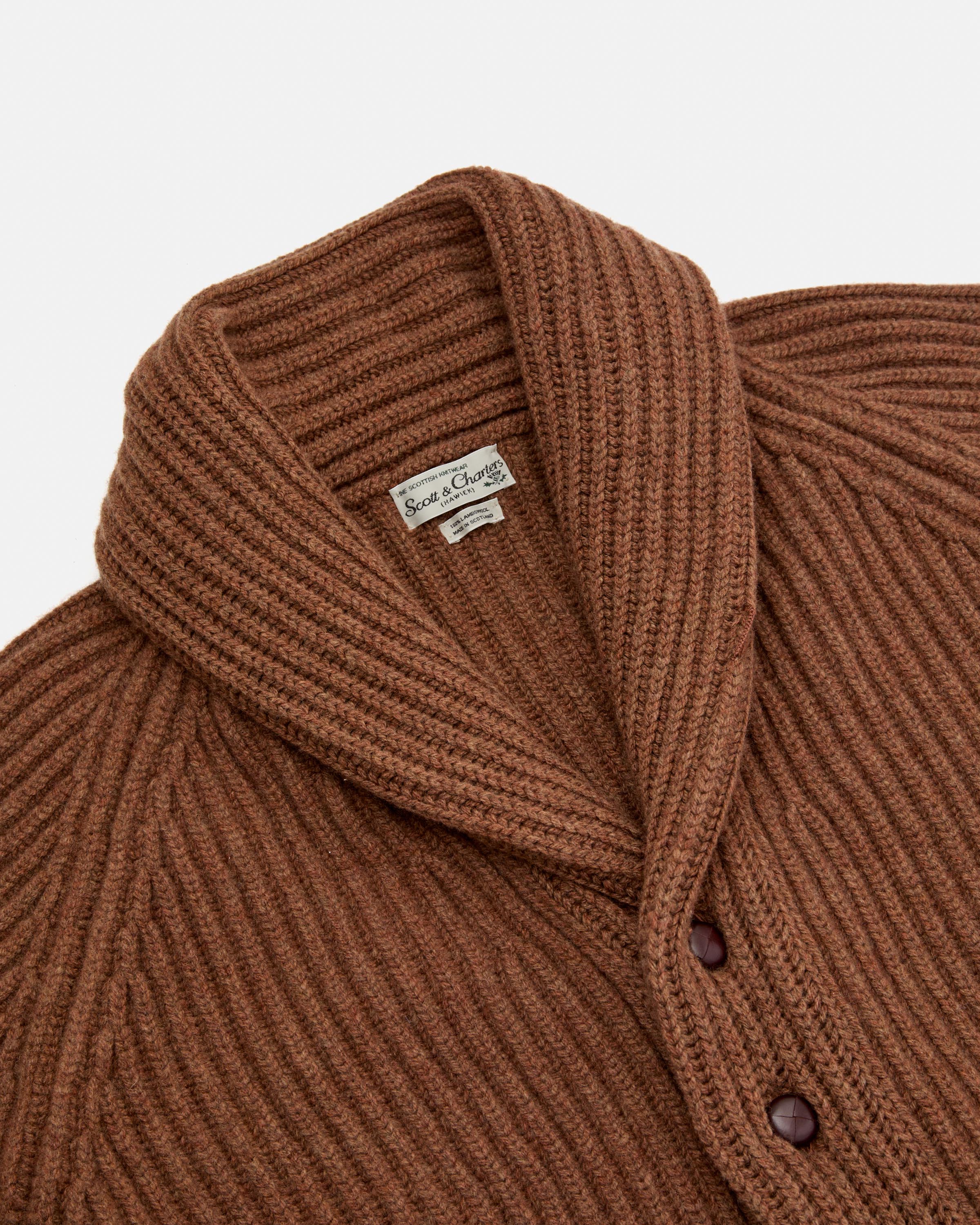 Scott & Charters Lambswool Shawl Collar Cardigan Camel