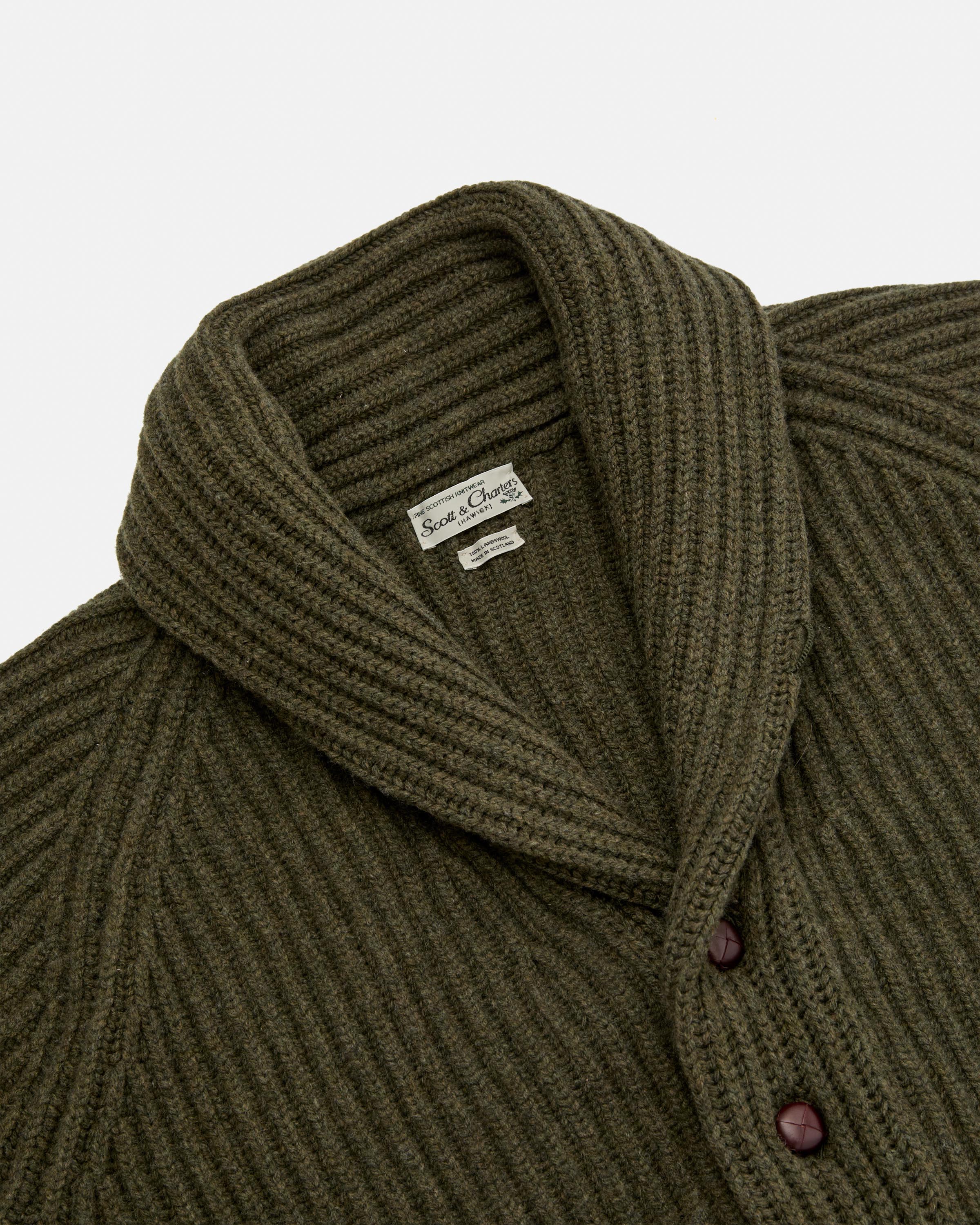 Scott & Charters Lambswool Shawl Collar Cardigan Moss Green