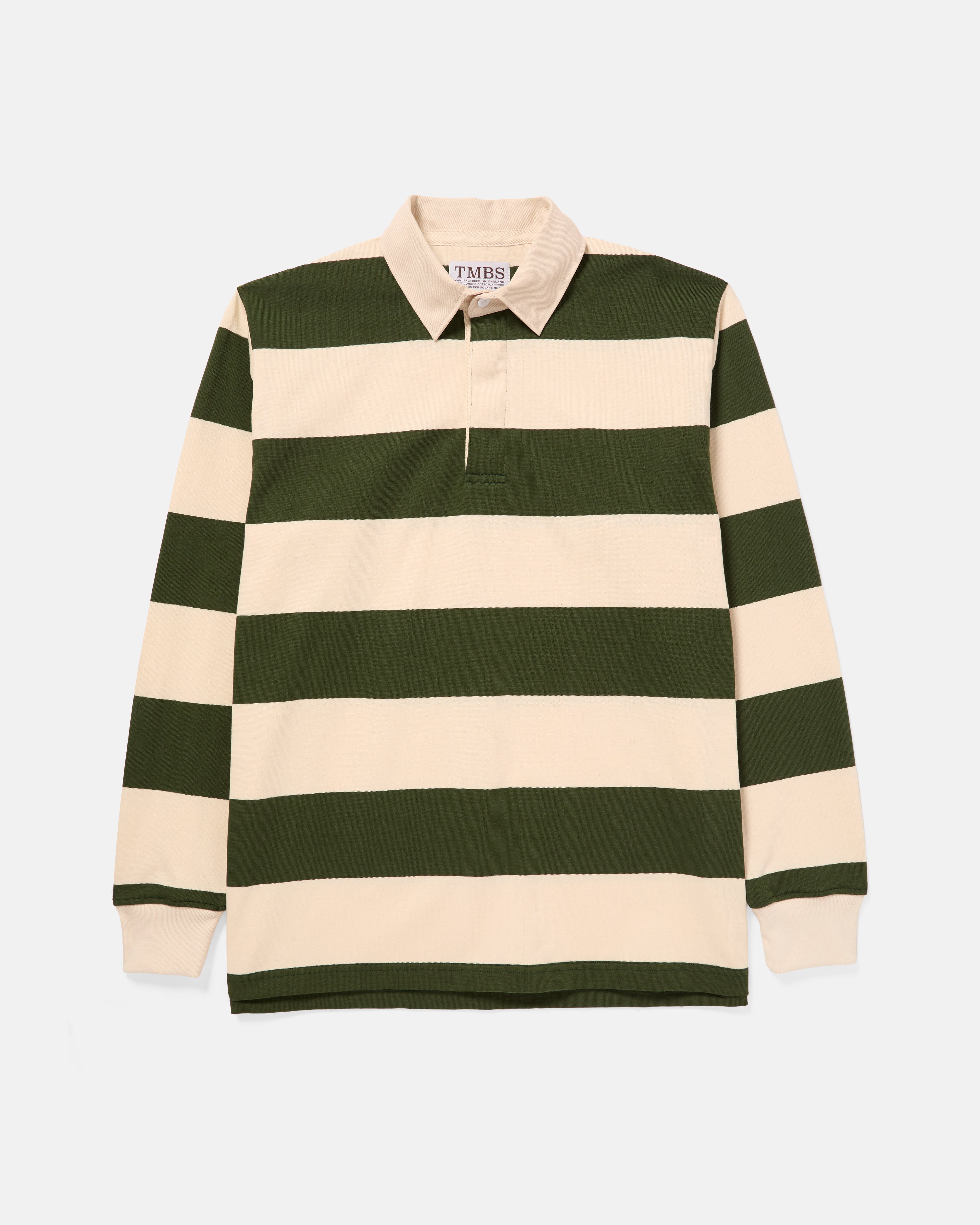 TMBS Rugby Shirt in Green and Ecru Stripe, front view, made in the UK from 300g cotton