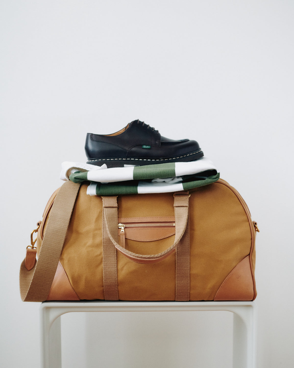 TMBS Green and Ecru Rugby Shirt styled with Paraboot Chambord shoes and a Beorma canvas travel bag