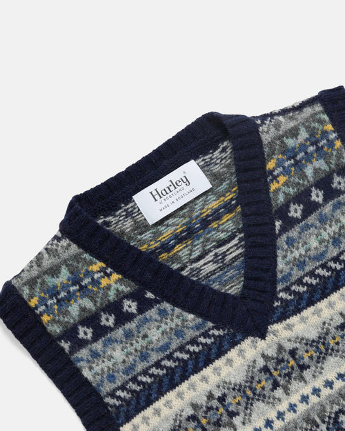 Harley of Scotland Shetland Wool Fairisle V-Neck Slipover Navy