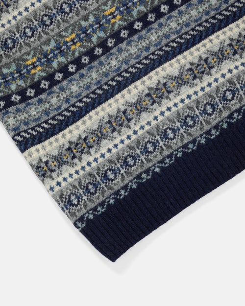 Harley of Scotland Shetland Wool Fairisle V-Neck Slipover Navy