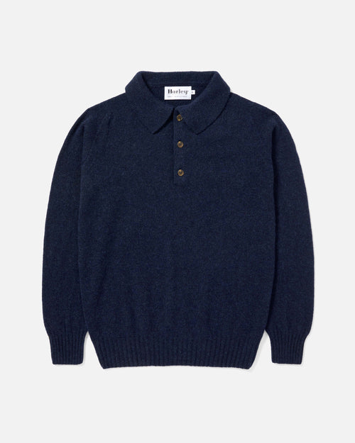 Harley of Scotland Superfine Lambswool Polo Jumper Navy