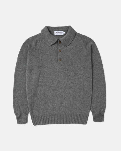 Harley of Scotland Superfine Lambswool Polo Jumper Mid Grey