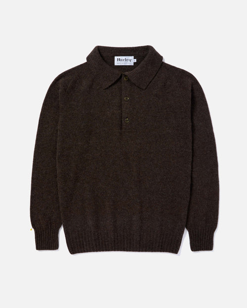 Harley of Scotland Superfine Lambswool Polo Jumper Dark Brown