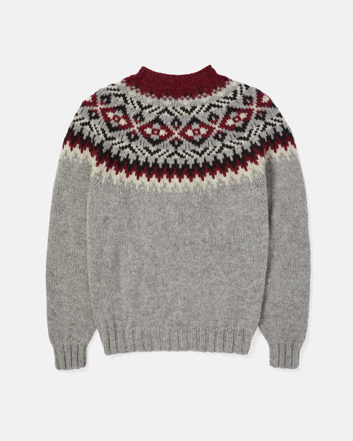 Harley of Scotland Lambswool Fairisle Yoke Crew Neck Jumper Light Grey