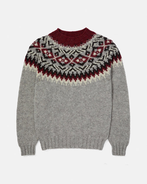 Harley of Scotland Lambswool Fairisle Yoke Crew Neck Jumper Light Grey