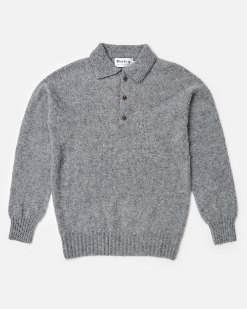 Harley of Scotland Brushed Wool Polo Collar Jumper Mid Grey