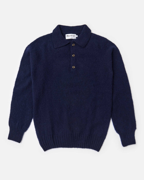 Harley of Scotland Brushed Wool Polo Collar Jumper Navy