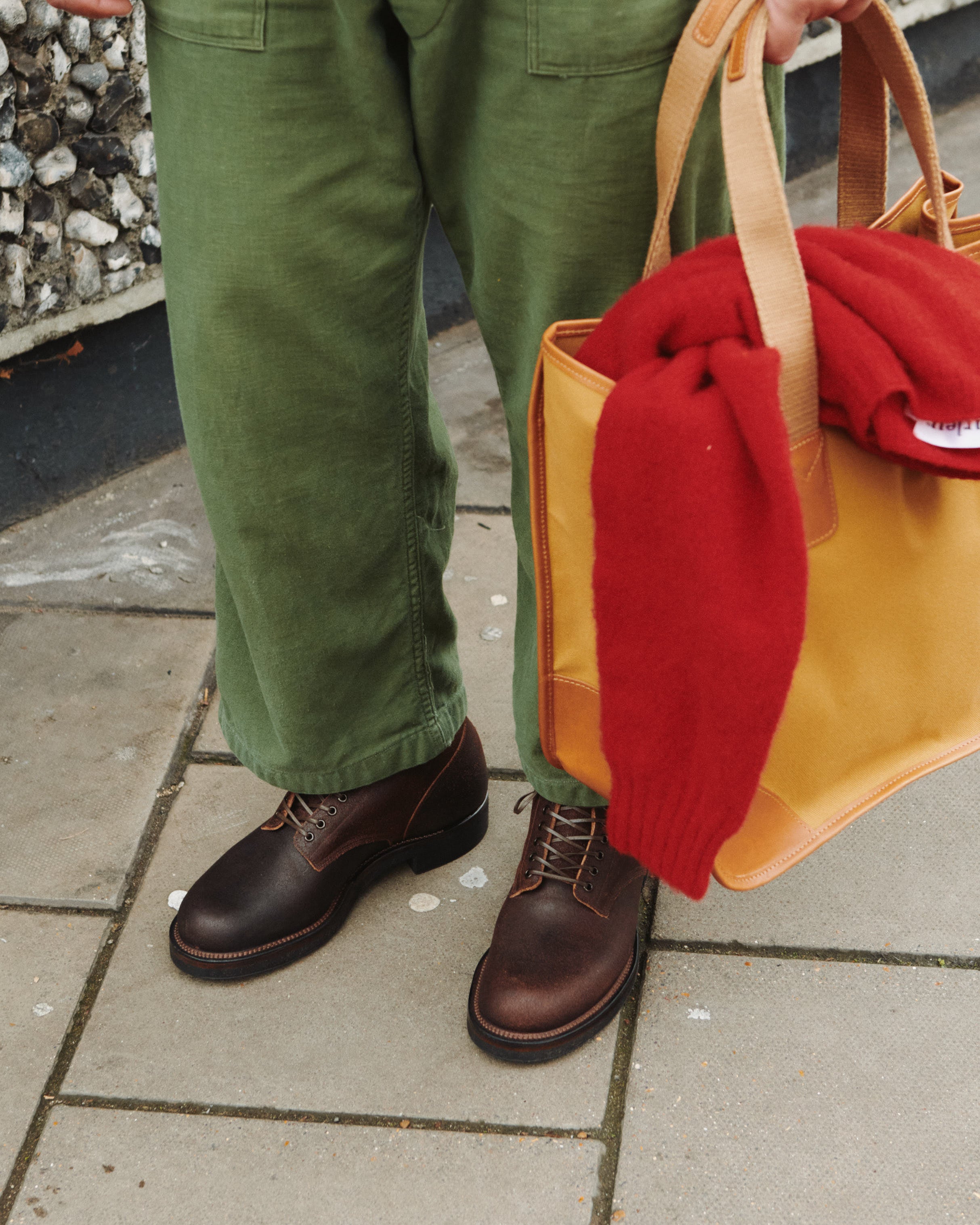 Viberg N1 Boots in Washed Brown Waxed Flesh styled with a red Harley of Scotland jumper and Beorma canvas tote bag