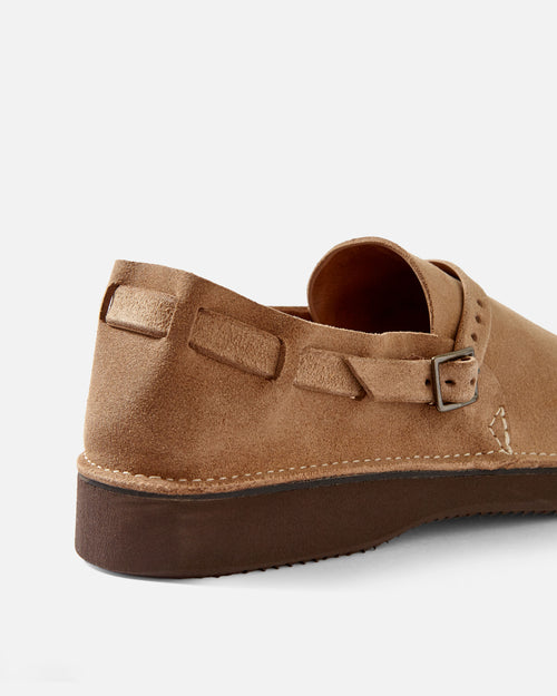 Rear heel view of the Aurora Shoe Co. Middle English Marine Field in brown suede with brown sole