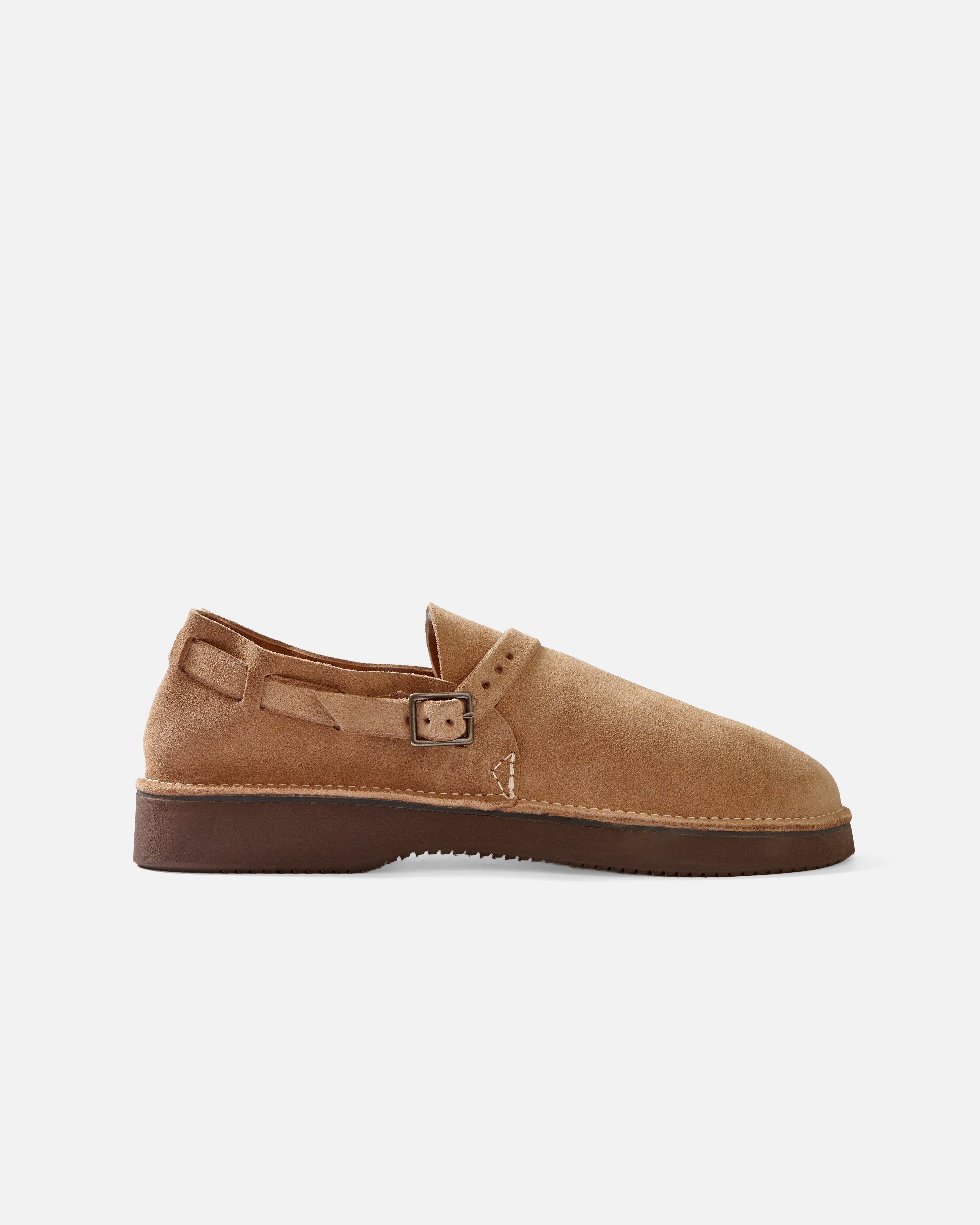 Side profile of the Aurora Shoe Co. Middle English Marine Field in brown suede with brown sole