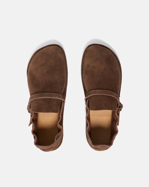 Top view of brown Aurora Middle English shoe showing strap and buckle
