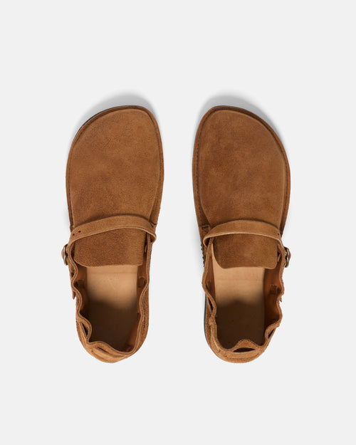 Top view of snuff Aurora Middle English shoe showing strap and buckle