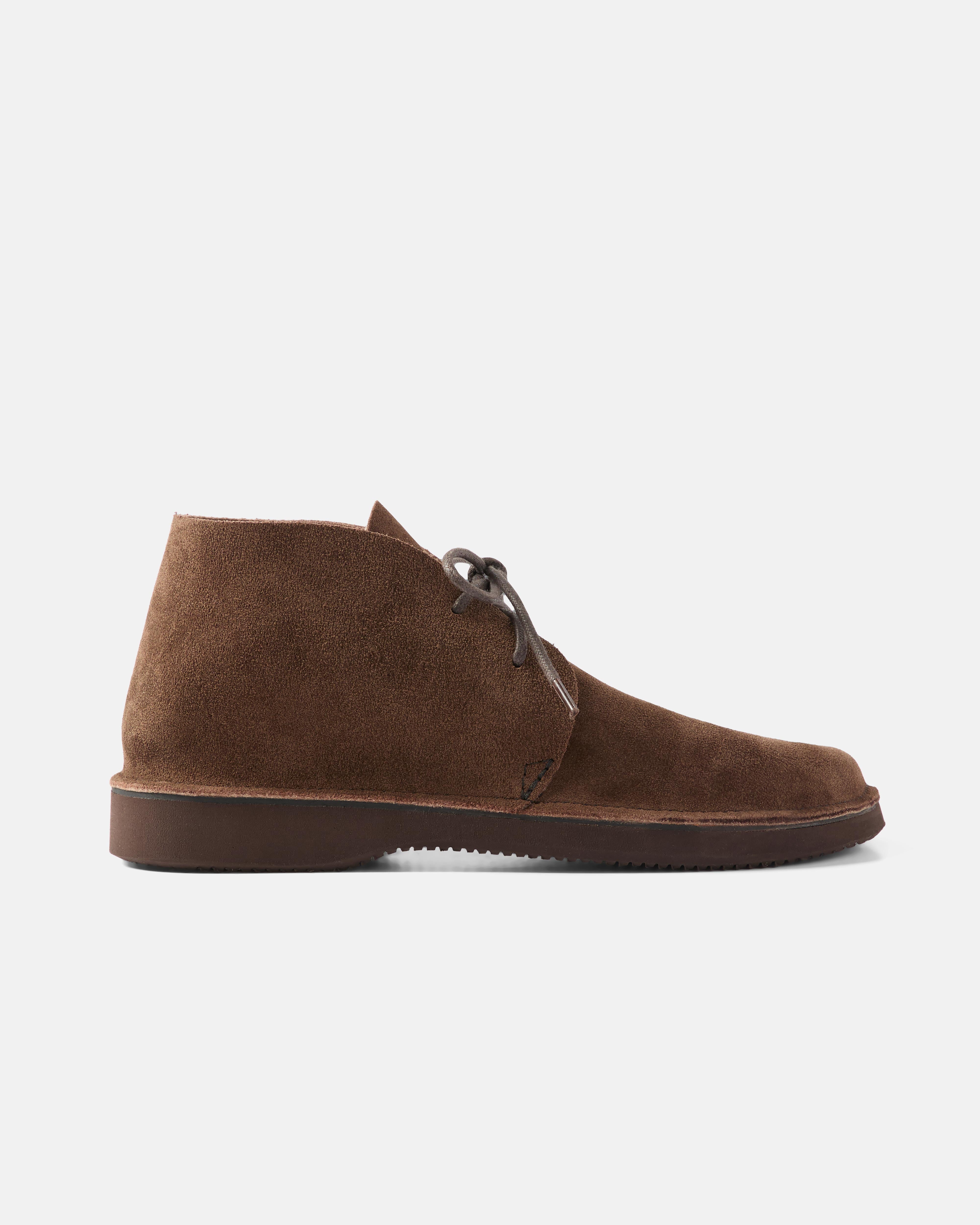 Side view of brown Aurora North Pacific suede chukka shoe