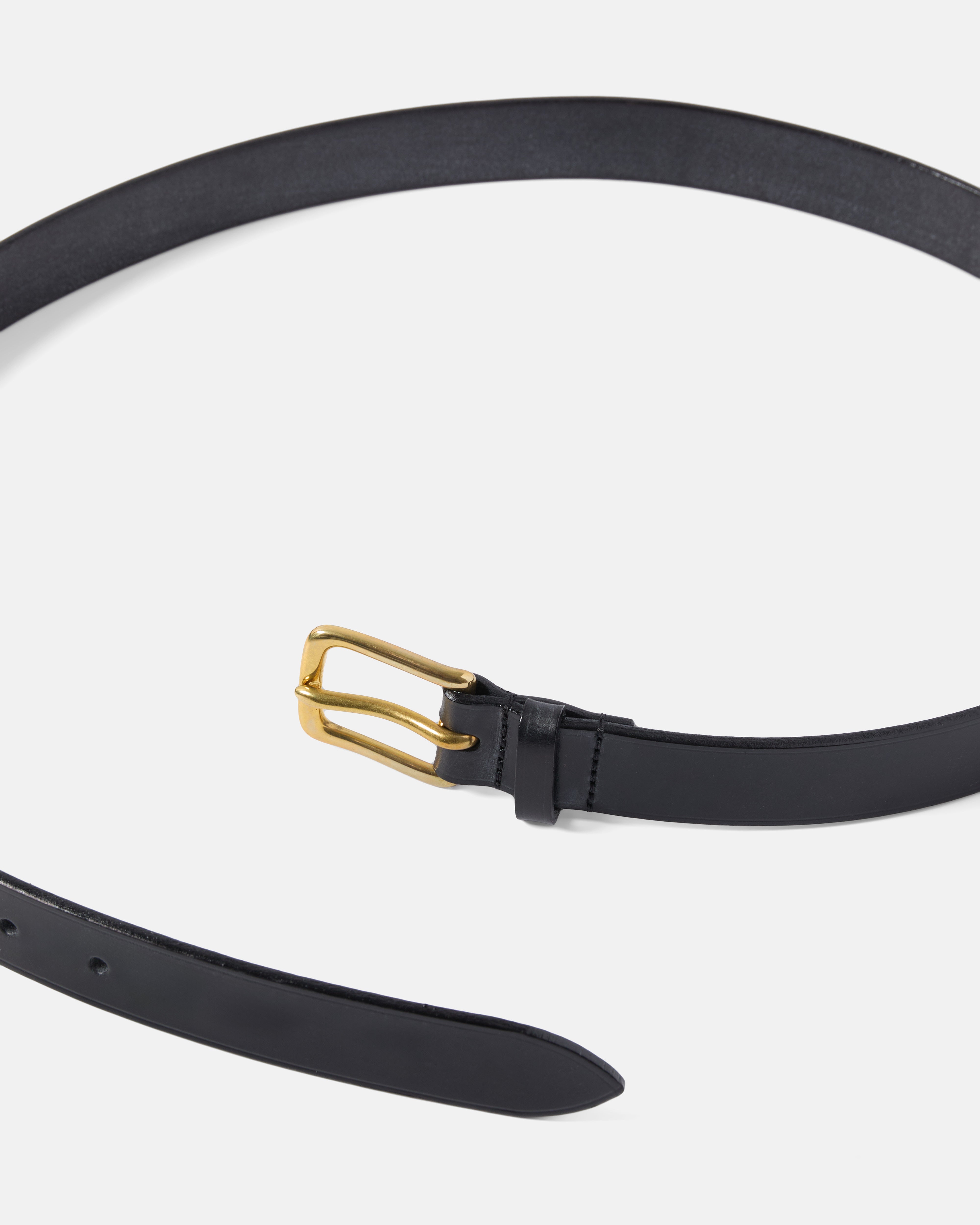 Back view of black Beorma unlined bridle leather belt showing natural underside