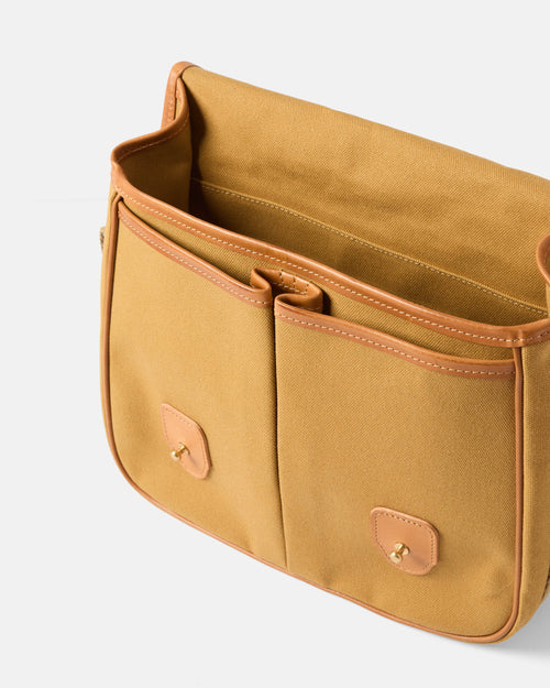 Open view of sandstone Beorma Arkaig game bag showing interior compartment