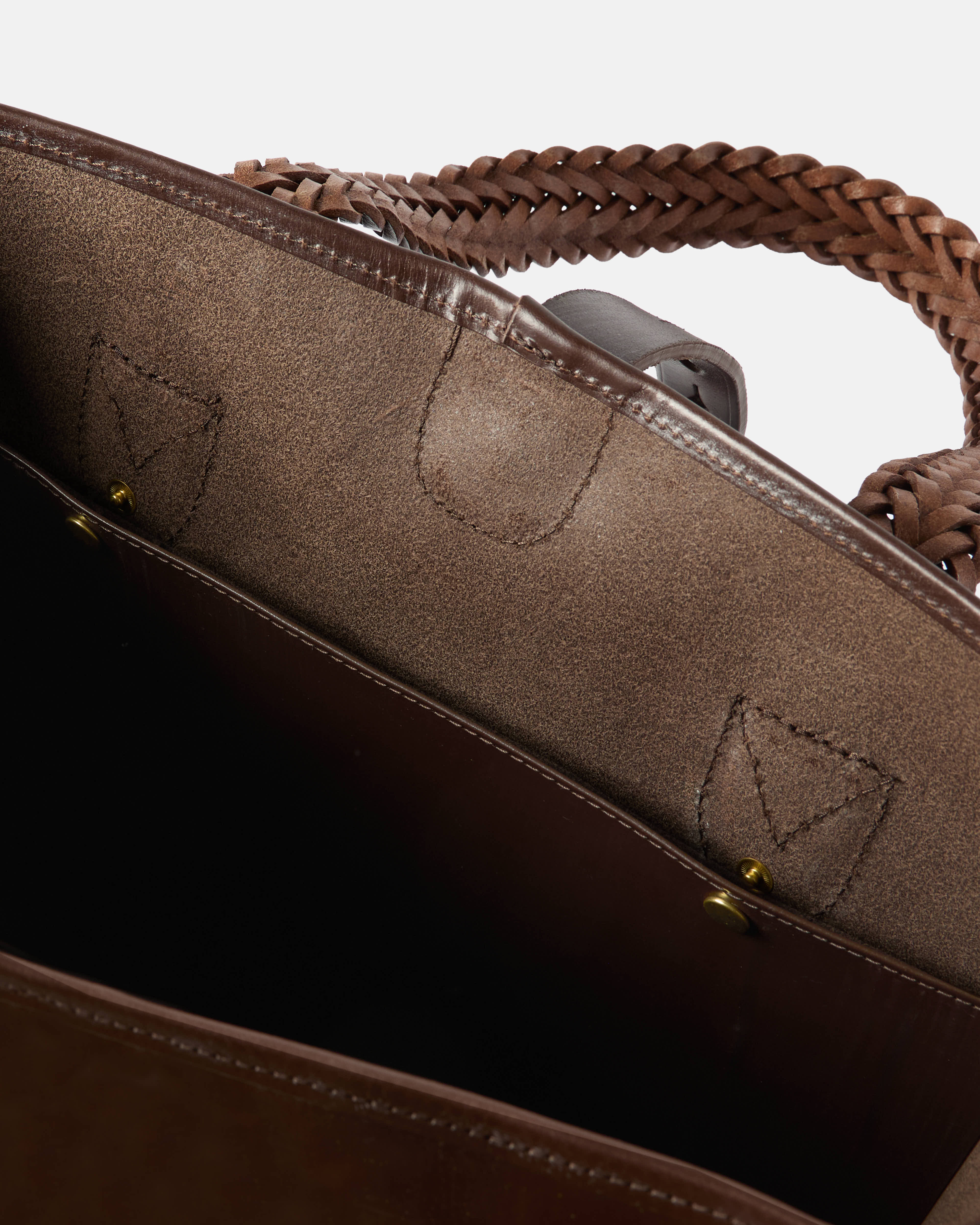 Open view of dark brown Beorma Bodleian tote bag showing spacious interior and pocket