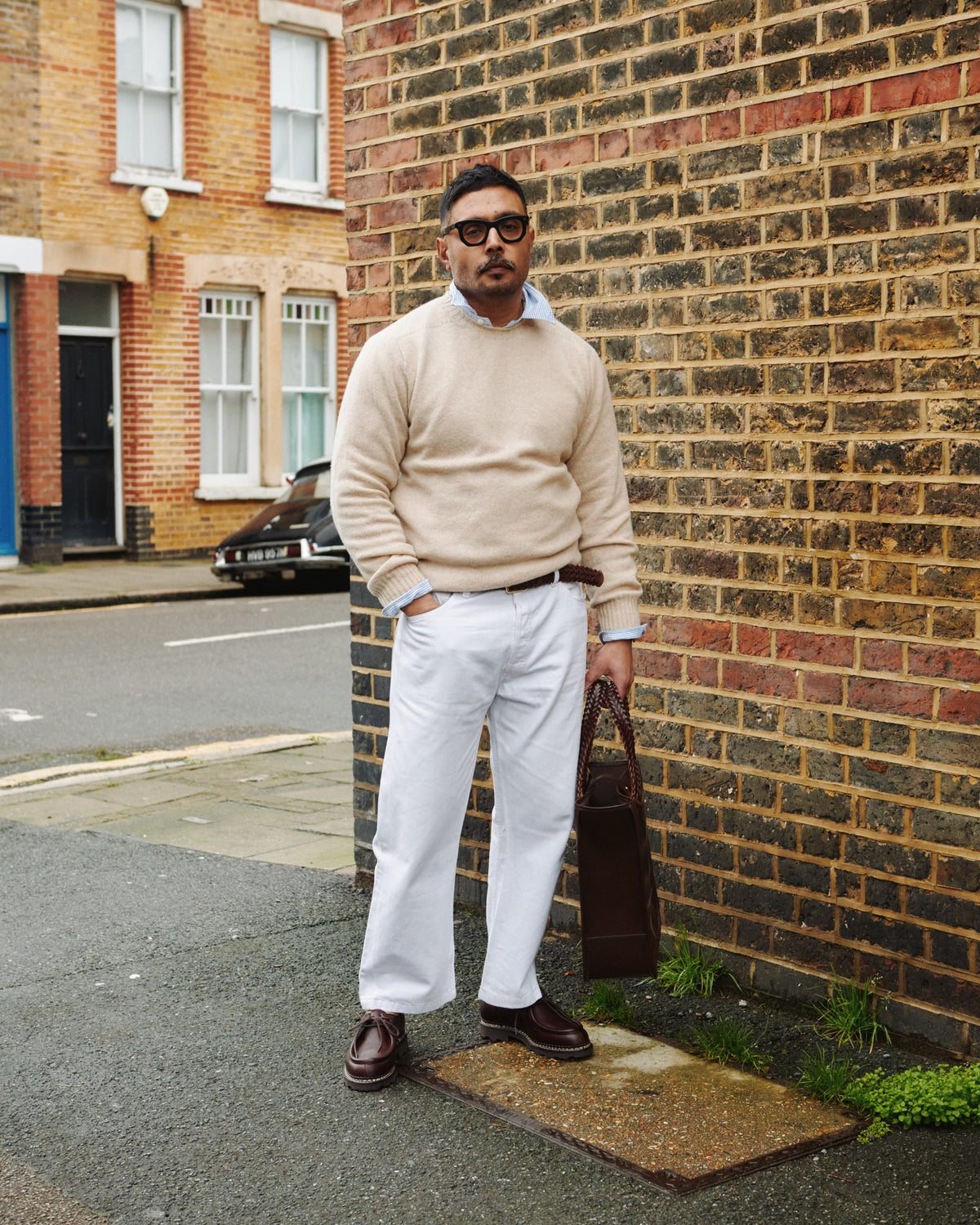 Lifestyle view featuring Beorma leather tote bag with Paraboot Michael shoes, Kamakura shirt and Harley Shetland sweater