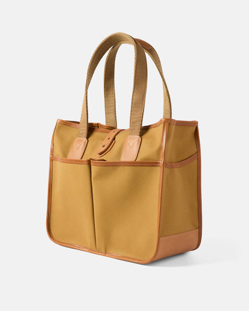 Close-up of leather handles on sandstone Beorma Rannoch tote bag