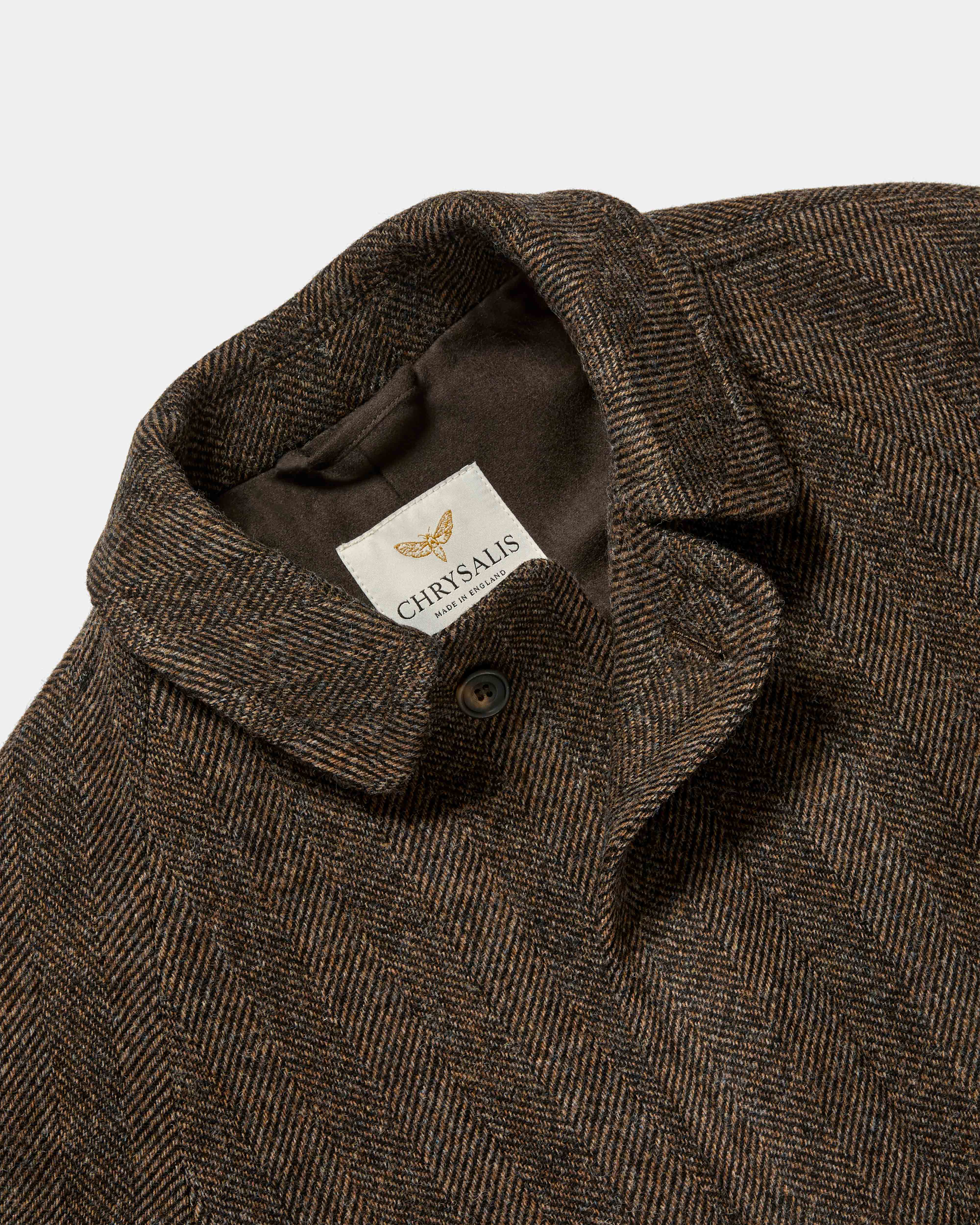 Close-up of collar detail on brown Chrysalis Kensington coat