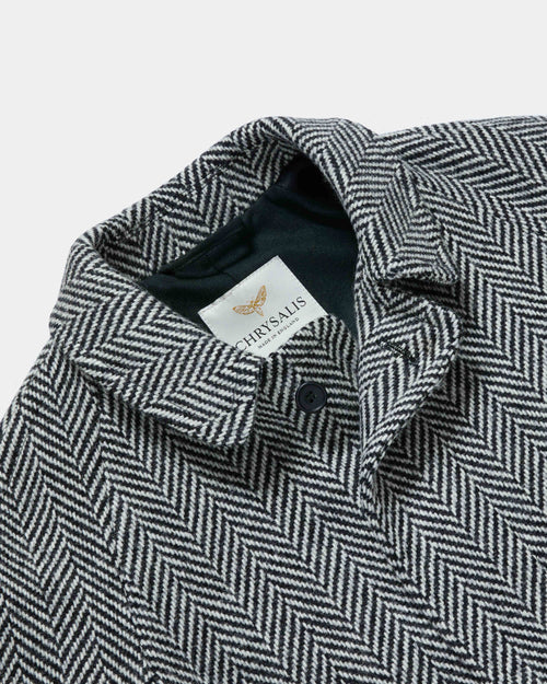 Close-up of collar detail on herringbone Chrysalis Kensington coat